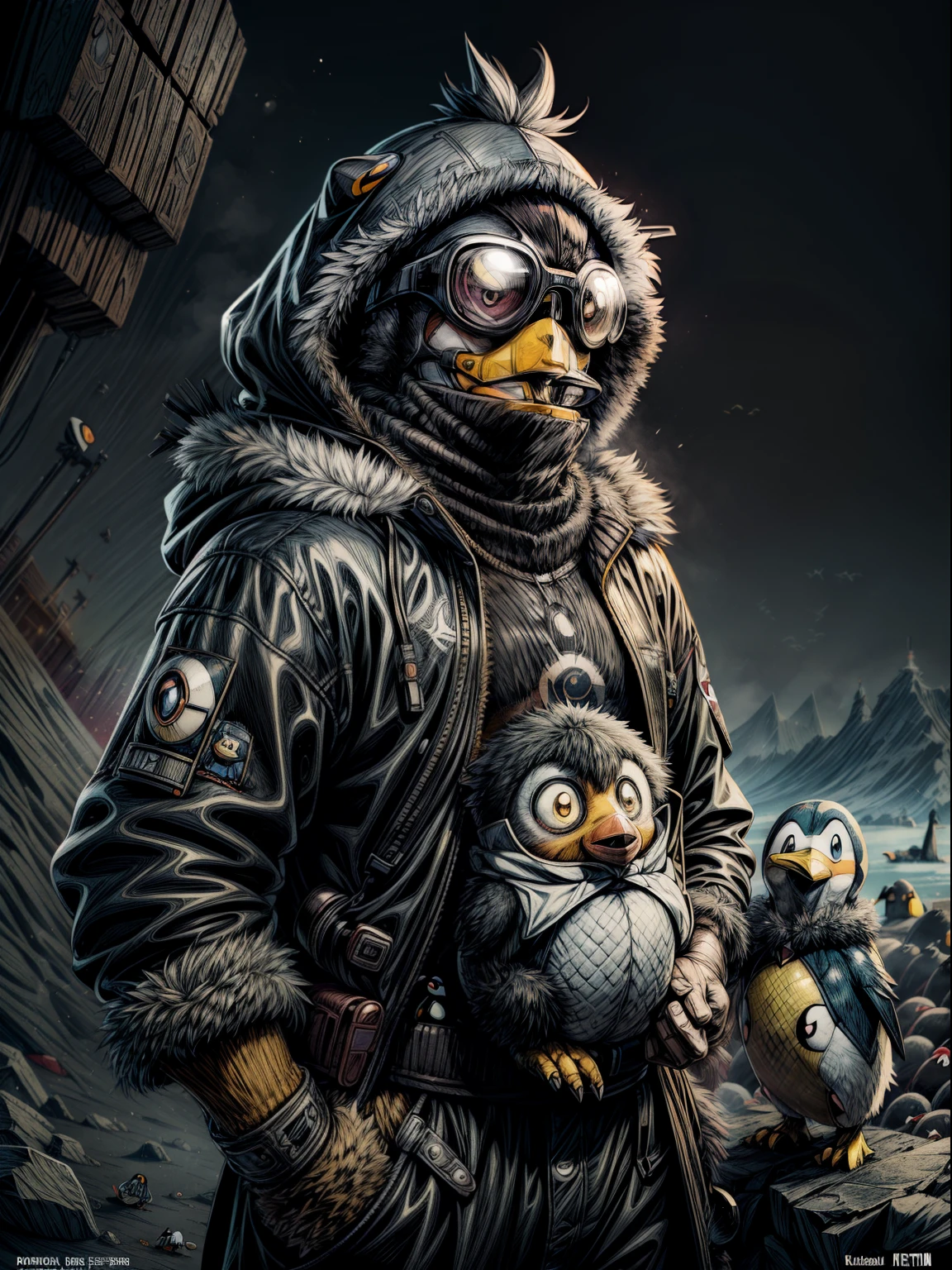 comic Penguin by Katsuya Terada, in the STYLE of Katsuya Terada.  ((POKEMON STYLE Penguin))
Penguin by Katsuya Terada(comics,, manga, toon avatar, muppet, simple, stialized).
Black ice furr and yellow frosty cold eyes.
Wearing Brown-gray arctic gear with furr collar and hood with Googles.
