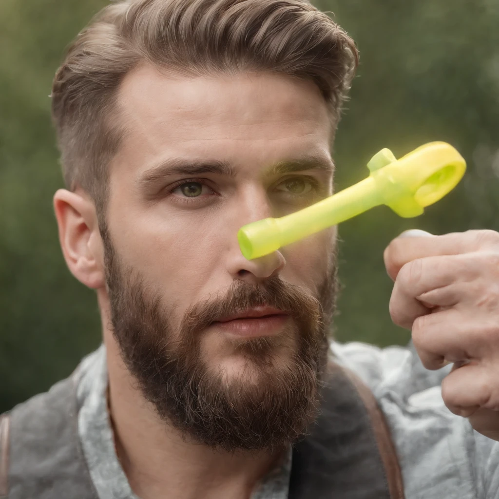 Man with beard holding a mysterious yellow green tube in his hand, retrato de um juiz , olhando para o cristal, macho, Punisher, usando uma jaqueta de couro, retrato closeup, Mago Celestial Lindo, hyper realistic, Retrato de um hidromancer macho