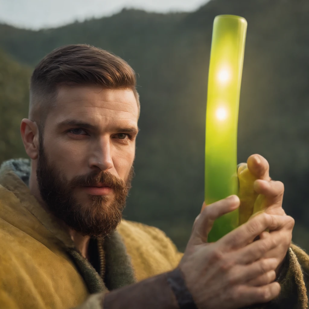 Man with beard holding a mysterious yellow green tube in his hand, retrato de um juiz , olhando para o cristal, macho, Punisher, usando uma jaqueta de couro, retrato closeup, Mago Celestial Lindo, hyper realistic, Retrato de um hidromancer macho