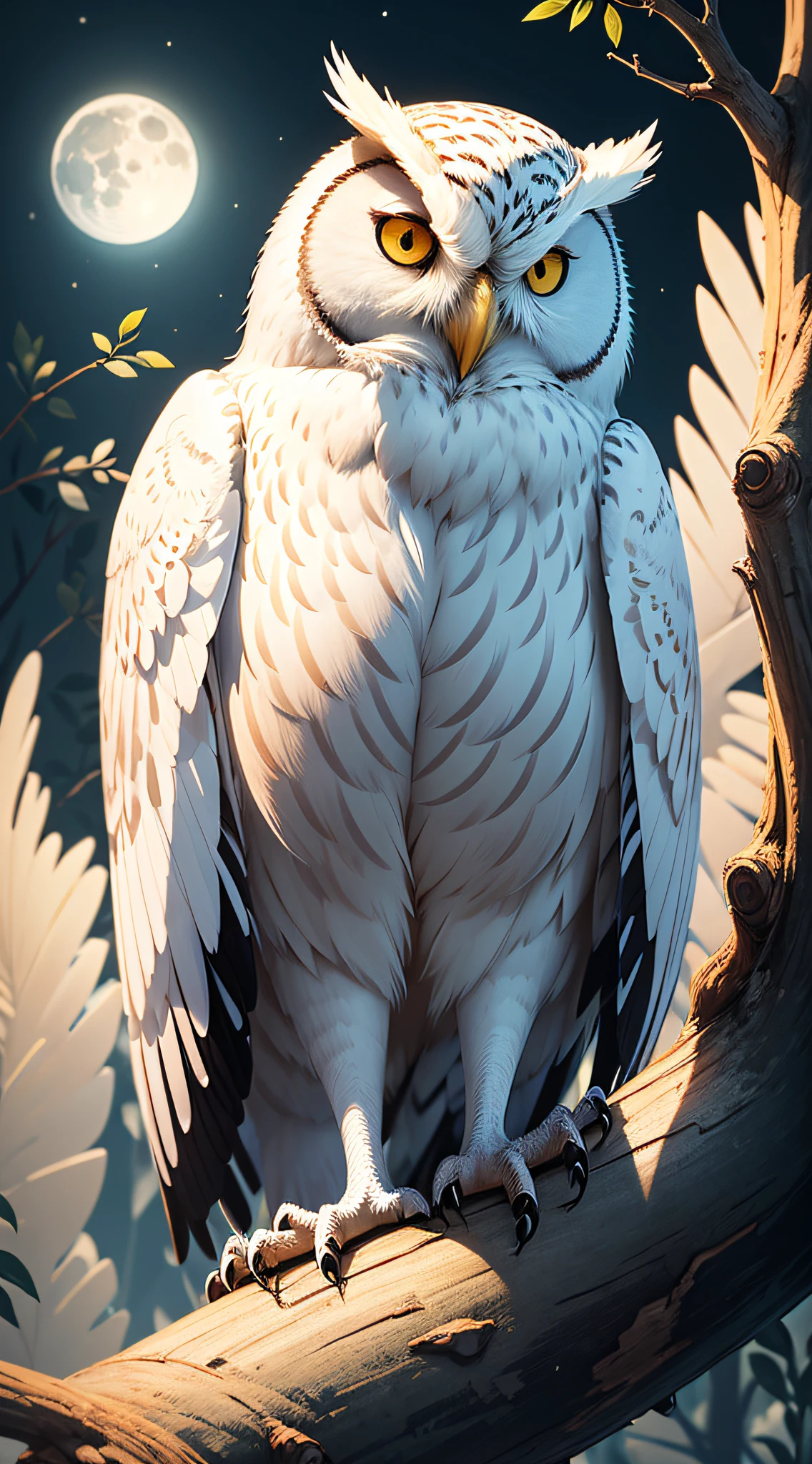 graphic design art, flat illustration of a ''WHITE'' owl, colorful tones, splash, highly detailed cleaning, vector image, forest background with moon, photorealistic masterpiece, professional photography, rich in details