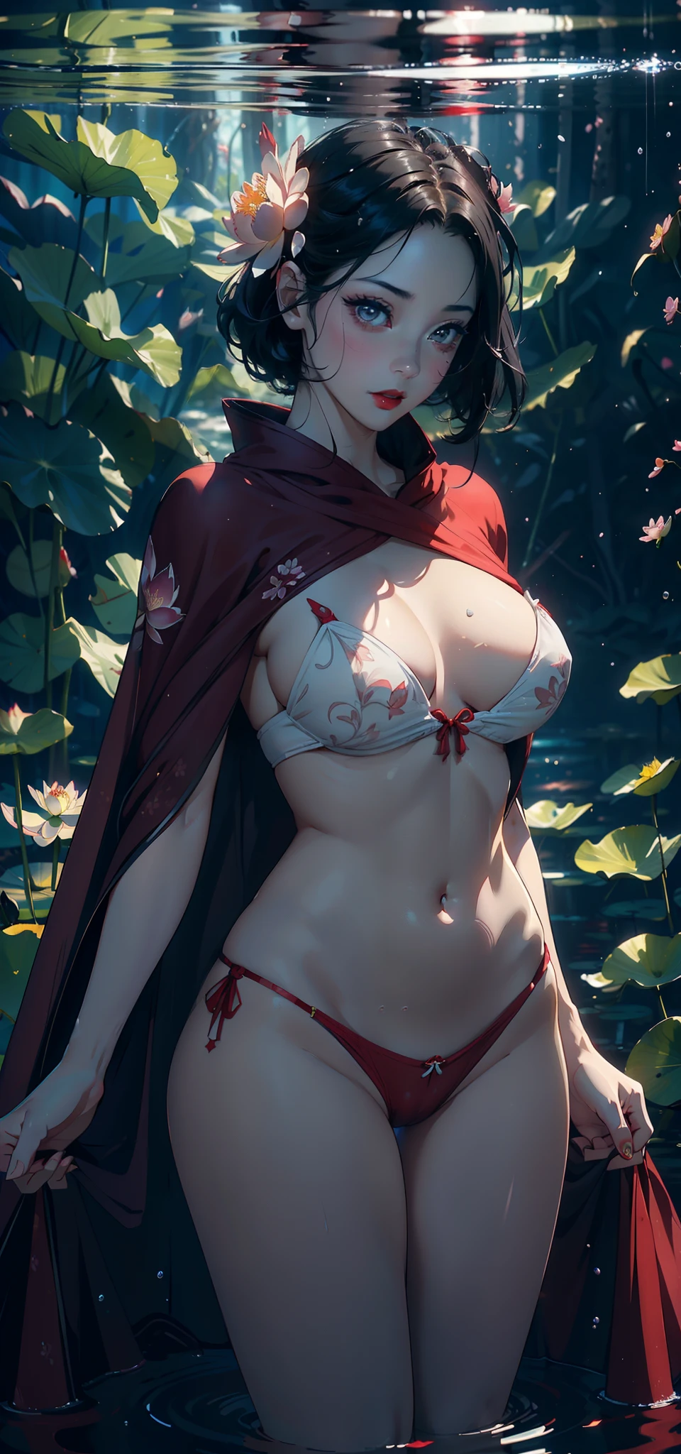(Background with:ponds,Cherry blossom forest,lotus flower)Lie underwater, She has short black hair,seen from the front,, mostly cloudy sky,(((tmasterpiece),(Very detailed CG unity 8K wallpaper),best qualtiy,cinmatic lighting,detailed back ground,beatiful detailed eyes,Bright pupils,Black eyes,Snow-whiteskin,Redlip(Very fine and beautiful),(Beautiful and detailed eye description),ultra - detailed,tmasterpiece,))facing at camera,A high resolution,ultra - detailed),revealing breasts,Bare genitalia, Bulge,legs are open,Raised sexy,Camel toes,Desire for dissatisfaction,frontage,(Wearing :Red cape,Transparent nurse uniform)