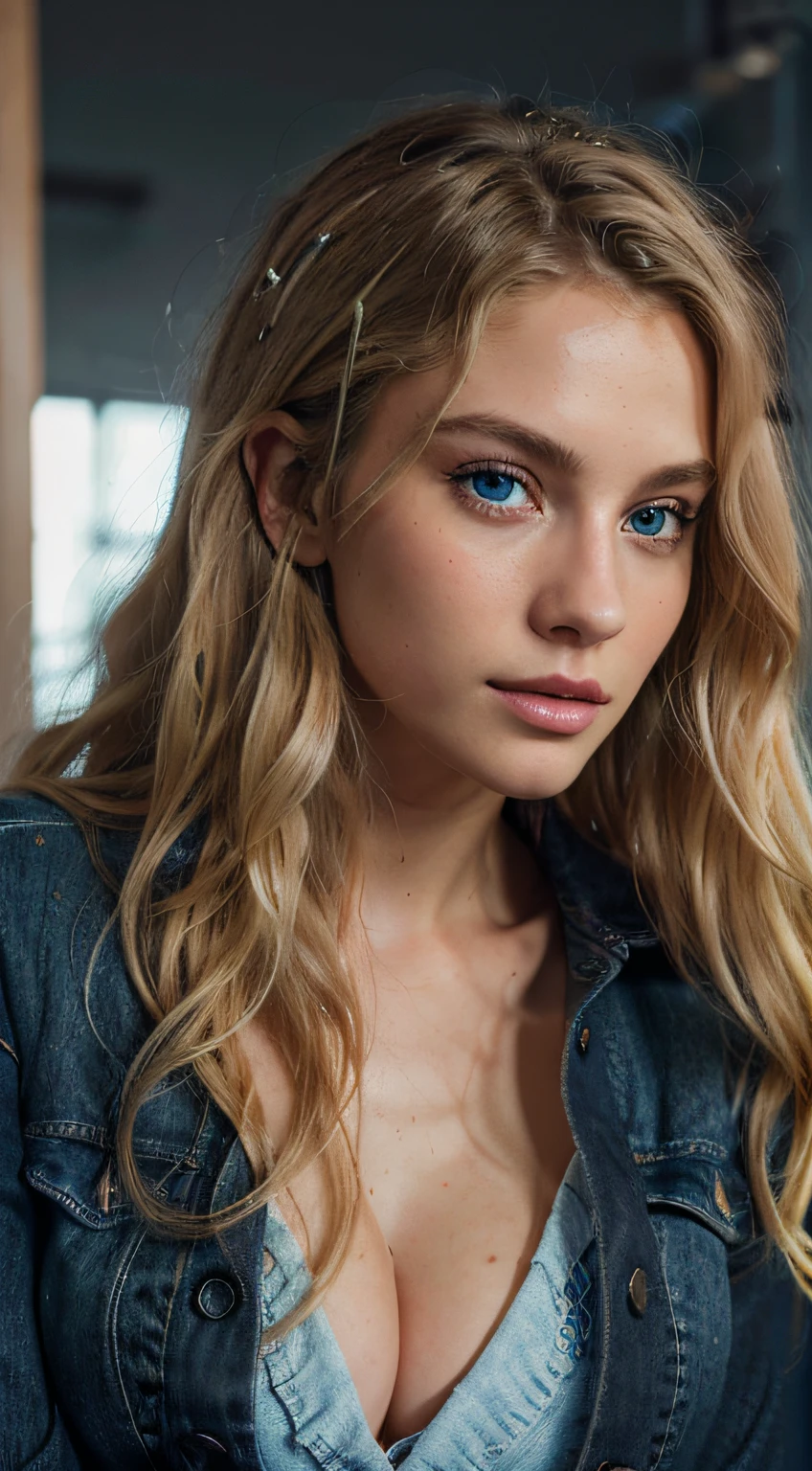 beautiful european girl with blue eyes and blonde hair in black top and jean jacket posing for a picture, (Extra long wavy blonde hair), profile image, ultra high resolution, (photorealistic: 1.4), high resolution , (finely detailed skin), (perfectly proportions) (photos realistic)(Best Quality)