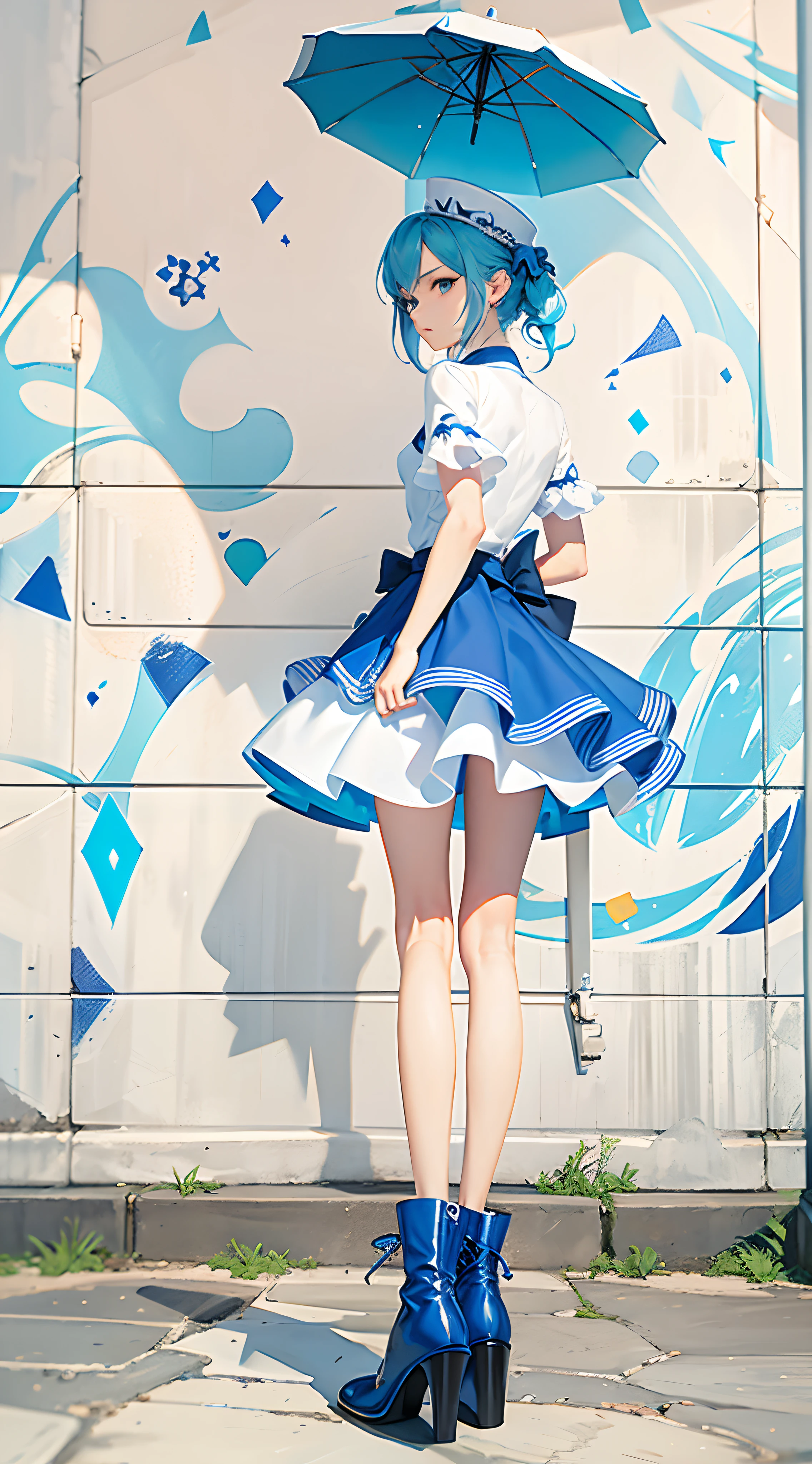 Best quality,Masterpiece,(facing the wall,Graffiti),blue skirt,Long legs:1.2,(a very tall girl),smooth legs,smooth thighs,Slender:1.2,beautiful legs:1.3,Thin legs,Thin thighs:1.2,standing:1.1((,From behind:1.1)),dynamic posture,bottom body shot:1.2,Blue-and-white-edged half-heeled boots,