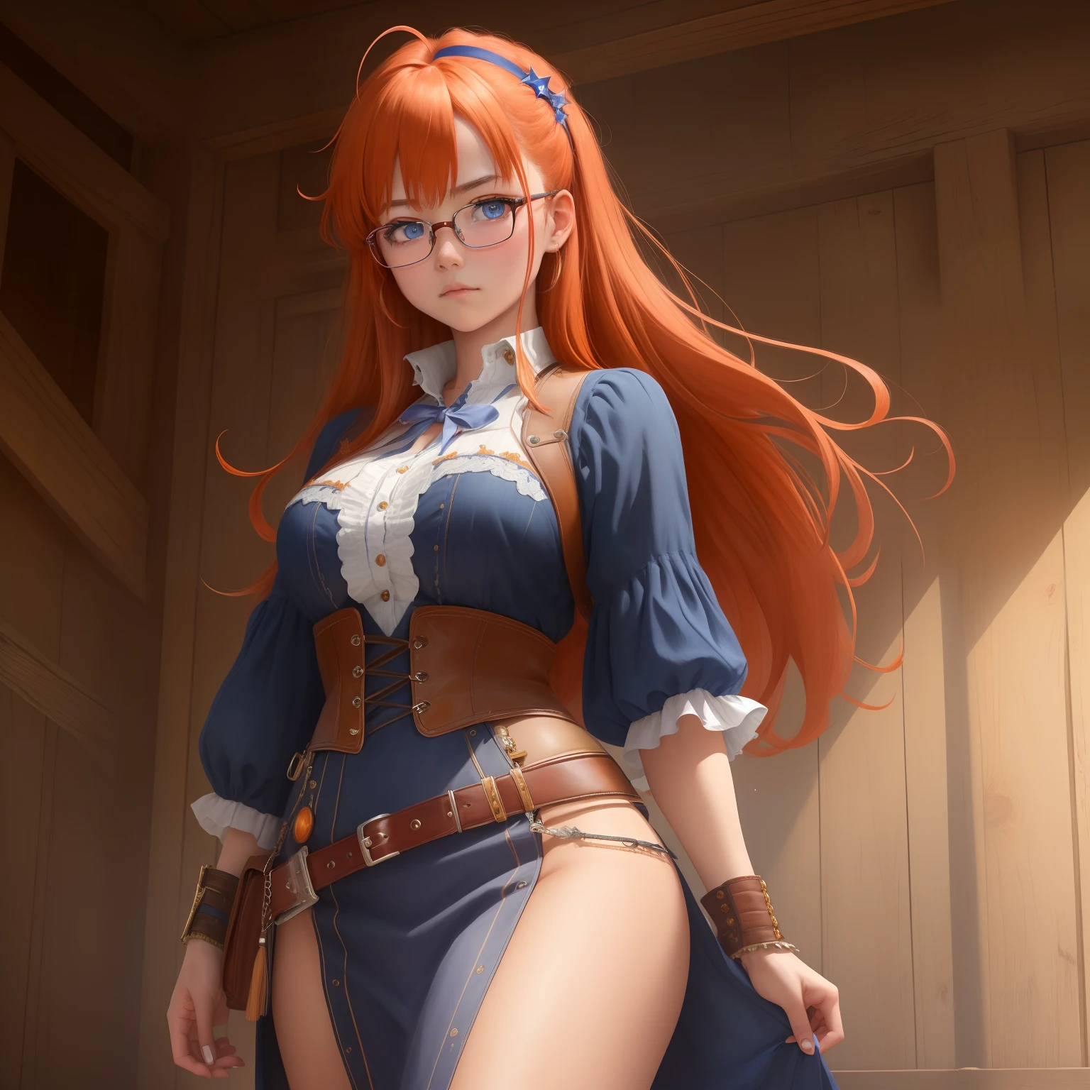 8k, masterpiece, best quality, realistic, higly detailed, cowboy shot, 1girl, solo, itsuki, serious looking girl, medium-length hair, expressive ahoge, reddish-orange hair, a pair of star-shaped hairpins near both of her eyes, dark blue eyes, average height, well-endowed figure, glasses, cute, santa suit