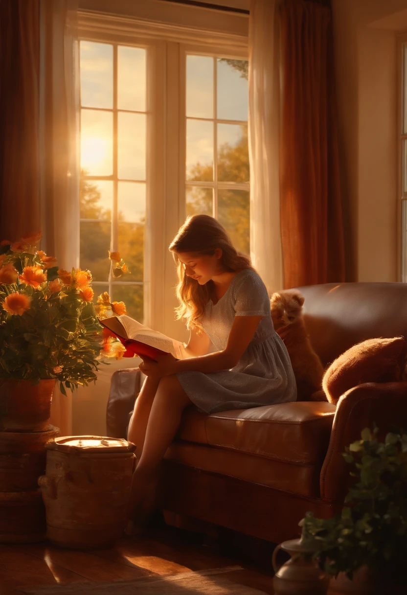(Best quality at best, ​masterpiece: 1.1), (realistic: 1.4), 1 girl in, Sunset-lit window, Reading a book, The warm afternoon sun shines through the window, Living room with couch and pets