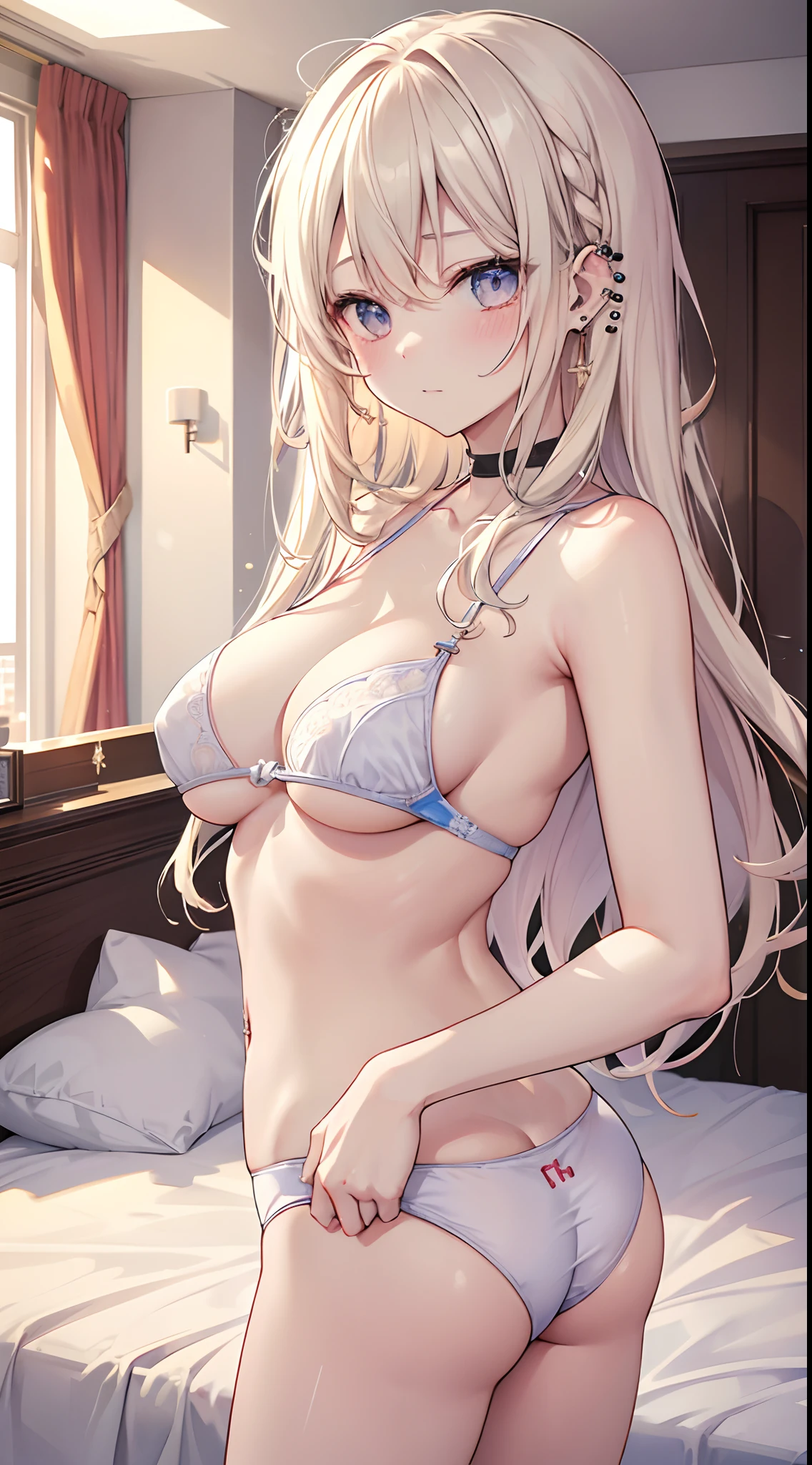 realisitic、top-quality、 1 人、20yr old、Light colored hair、piercings、Shy face、Fancy underwear、beautiful boob 、selfee、s ass、hotels room、Particles of light、profetional lighting