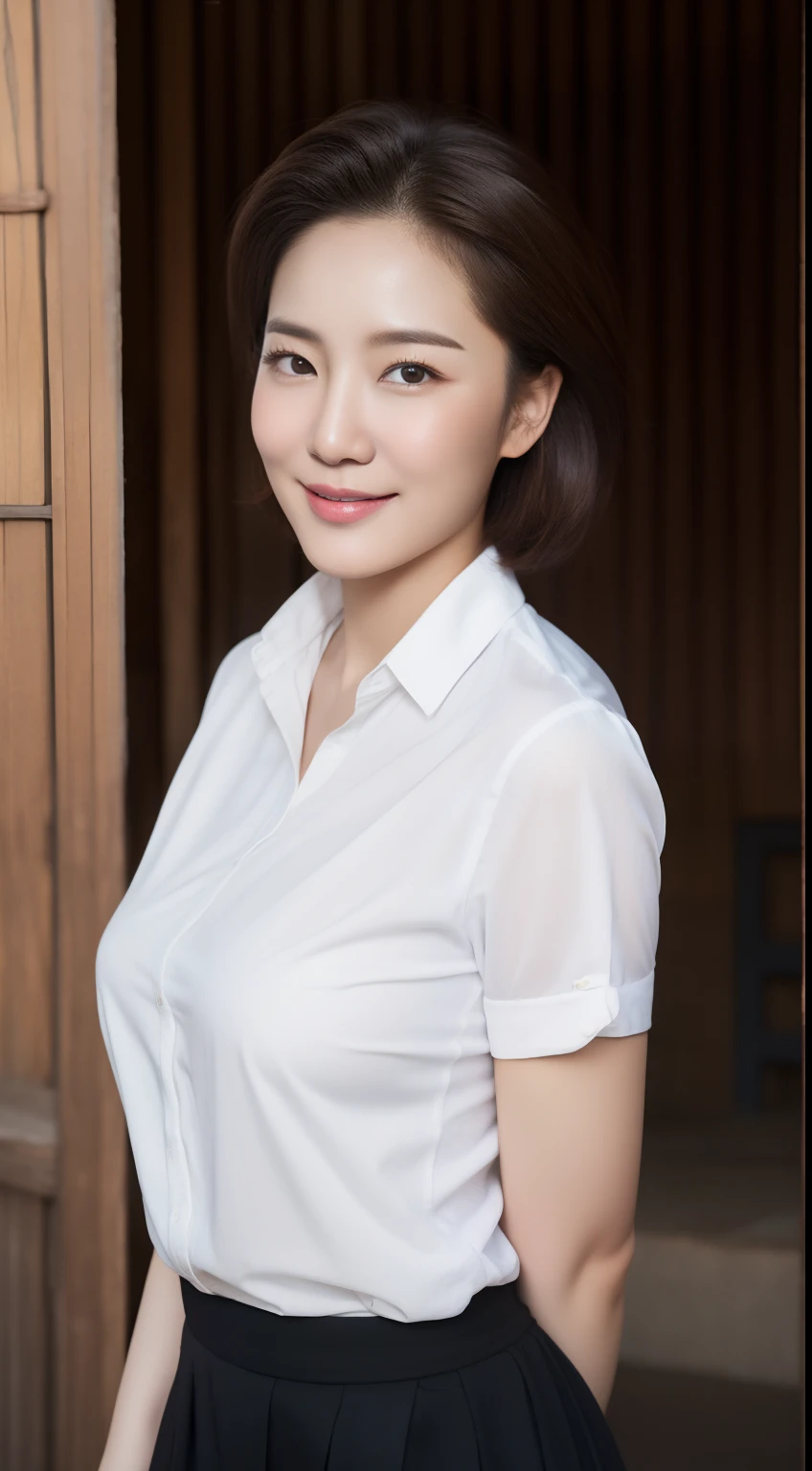 photograph of-realistic (1 Korean royal sister star) hair slicked back, White skin, thin makeup, 32 inch breast size, A slight smil, White shirt, Stand in front of the hut, Full body portrait, hyper HD，Cocked buttocks，black lence stockings