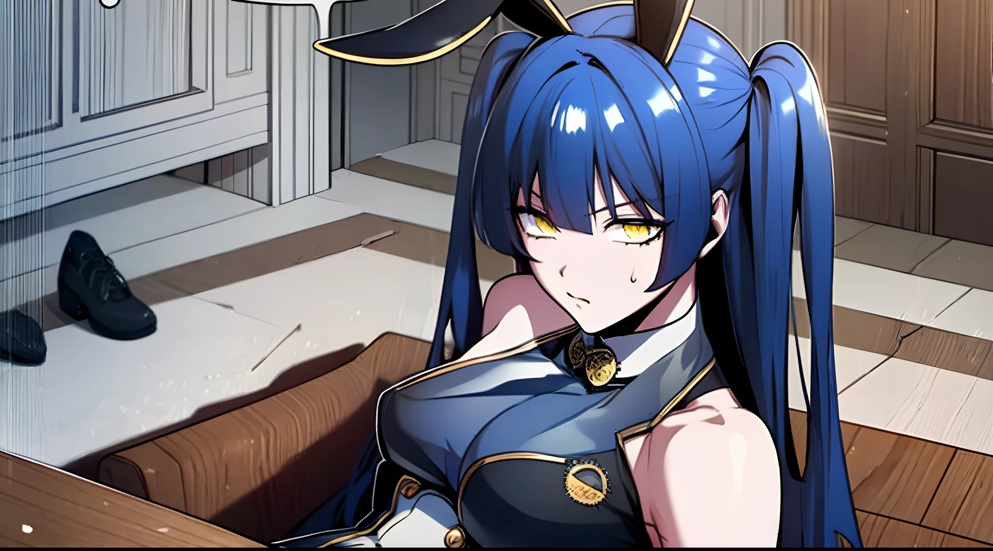 blue hair, yellow eyes, twintails,bunny suit,bunny ears,lie on the sofablue hair, yellow eyes, twintails,bunny suit,bunny ears,lie on the sofa