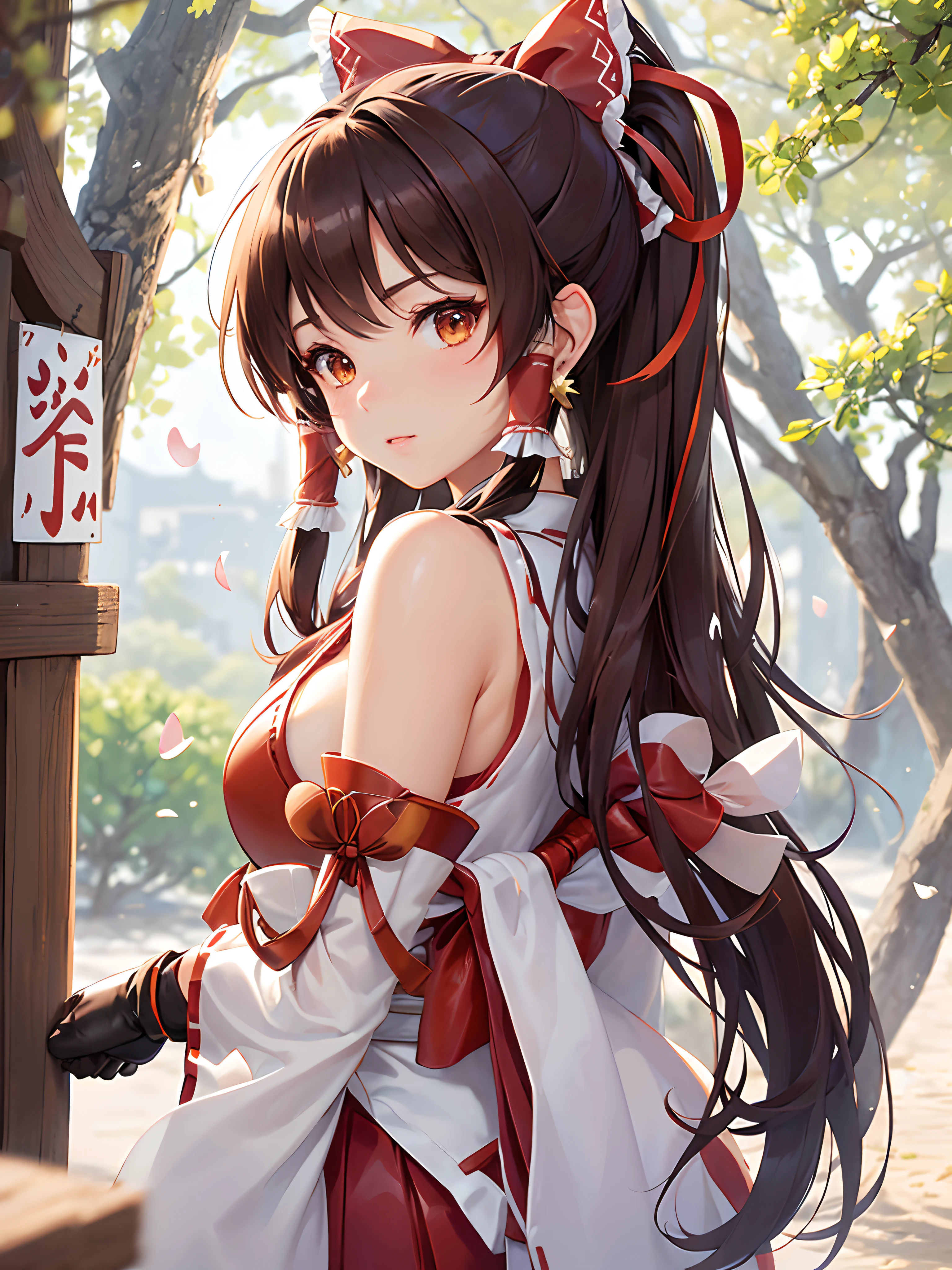 ((((equipped leather gloves,))))(((hakurei reimu,)))(((brown hair,brown eyes,)))((((miko)))),((1girl,Solo,))(Masterpiece,Best quality),((from side)),((((hair ribbons,has a bow in her hair,)))),((official art,))))((standing)),shukezouma, octane render, hdr, (hyperdetailed:1.15), (soft light, sharp:1.2), beautiful girl, ultra detailed eyes, mature, plump, thick, rainbow painting drops,splat, splash,ultra detailed texture kimono, (hair ornaments, earrings), outdoors, sakura trees