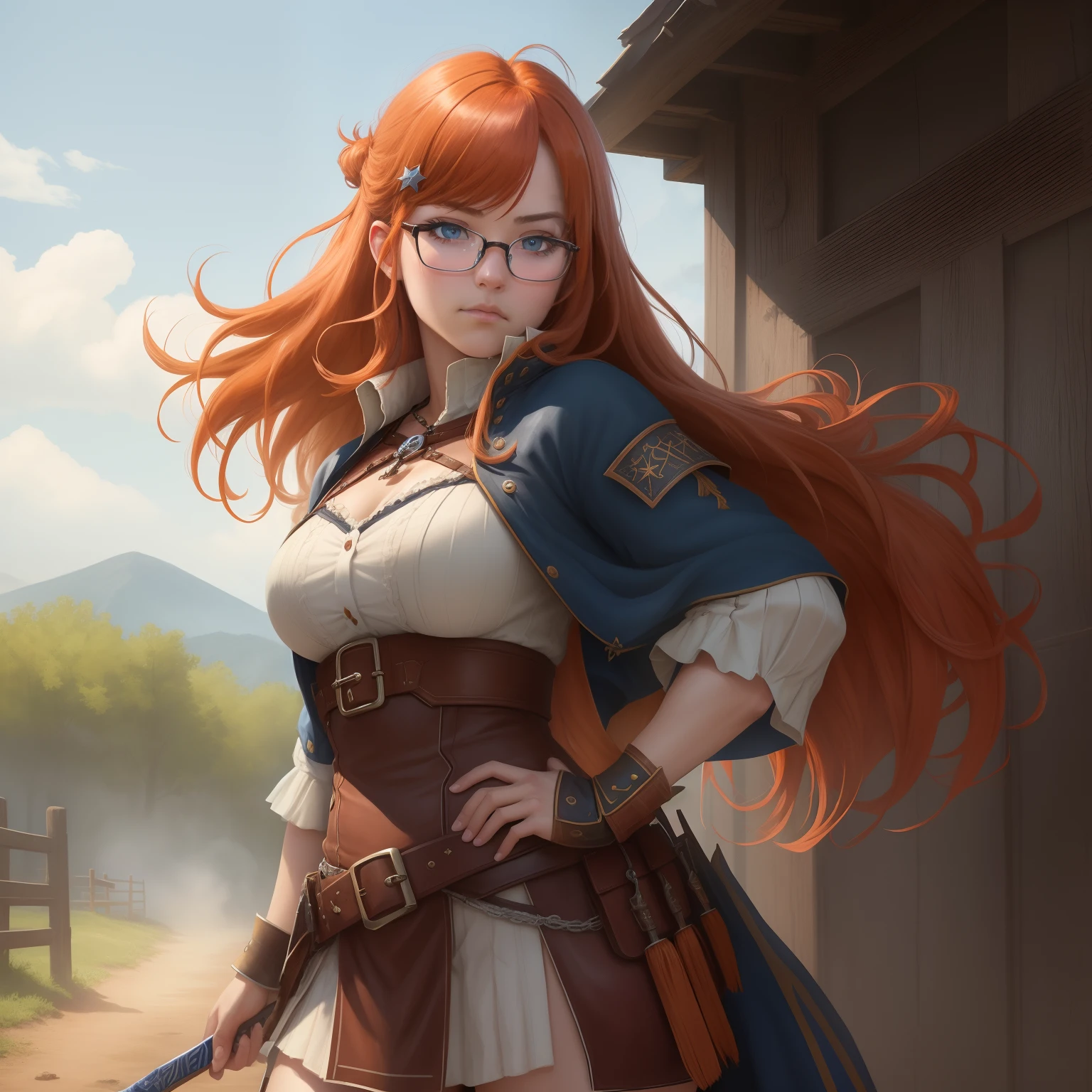 8k, masterpiece, best quality, realistic, higly detailed, cowboy shot, 1girl, solo, itsuki, serious looking girl, medium-length hair, expressive ahoge, reddish-orange hair, a pair of star-shaped hairpins near both of her eyes, dark blue eyes, average height, well-endowed figure, glasses, cute, Norse Goddess