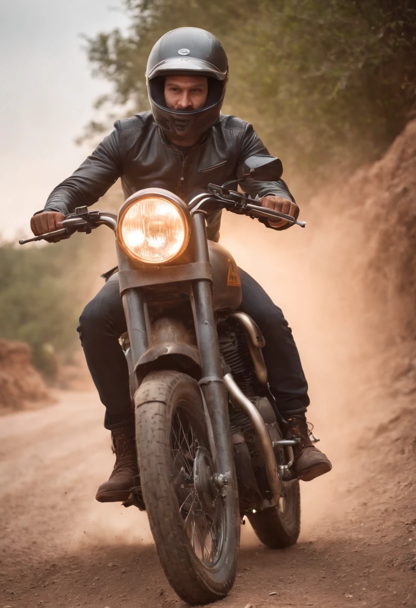 Amazing cinematic poster with a Royal Enfield motorcycle with a male rider in dirty clothes, Highway background with floating rocks with neon lights, asfalto quebrado com pedras, lightnings, energia, neon lights, Sunset, textura grunge, ultra-realistic, fotorrealista, dust particles , photographed with a Nikon D850 camera with a Nikkor 24 -70mm f/2.Lente 8E ED VR