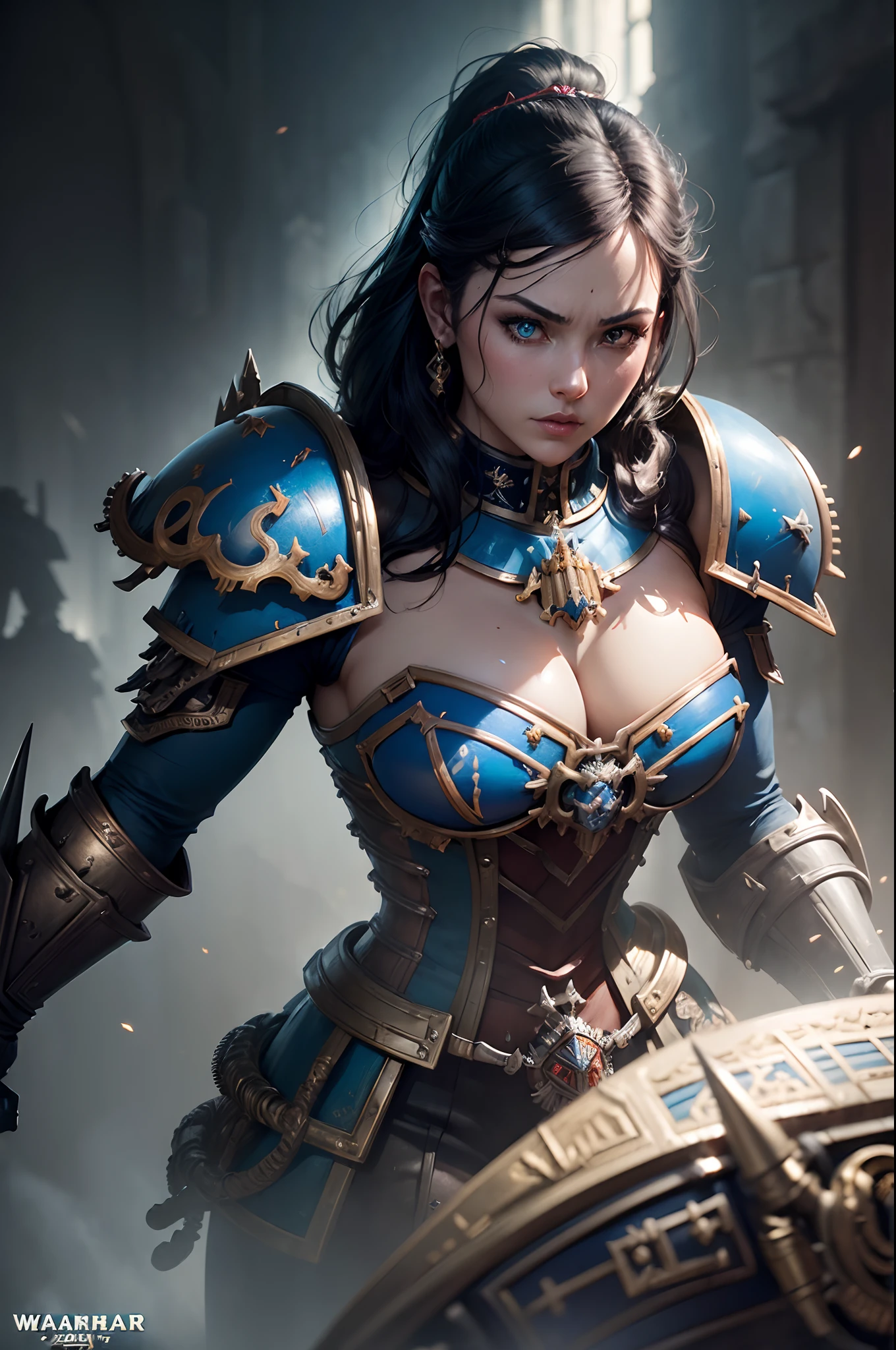 In 8K resolution(full bodyesbian:1.3)shots、splashart、Fantastic comic book style、Photorealistic and intense look、Anatomical photorealistic digital painting(shoun:1.3)Human portrait(shoun:1.3)Blue and white complex(heavily armored:1.3)and blue shortcut hair(Dark and moody universe:1.3)、light particules、highlydetailed skin、samurais、extremely detailed eye、 (Elden Ring-style:1.1)、(warhammer style:1.3)、Concept Artist、globalillumination、depth of fields、splashart、Art by Artgerm and Greg Rutkowski and Viktoria Gavrilenko