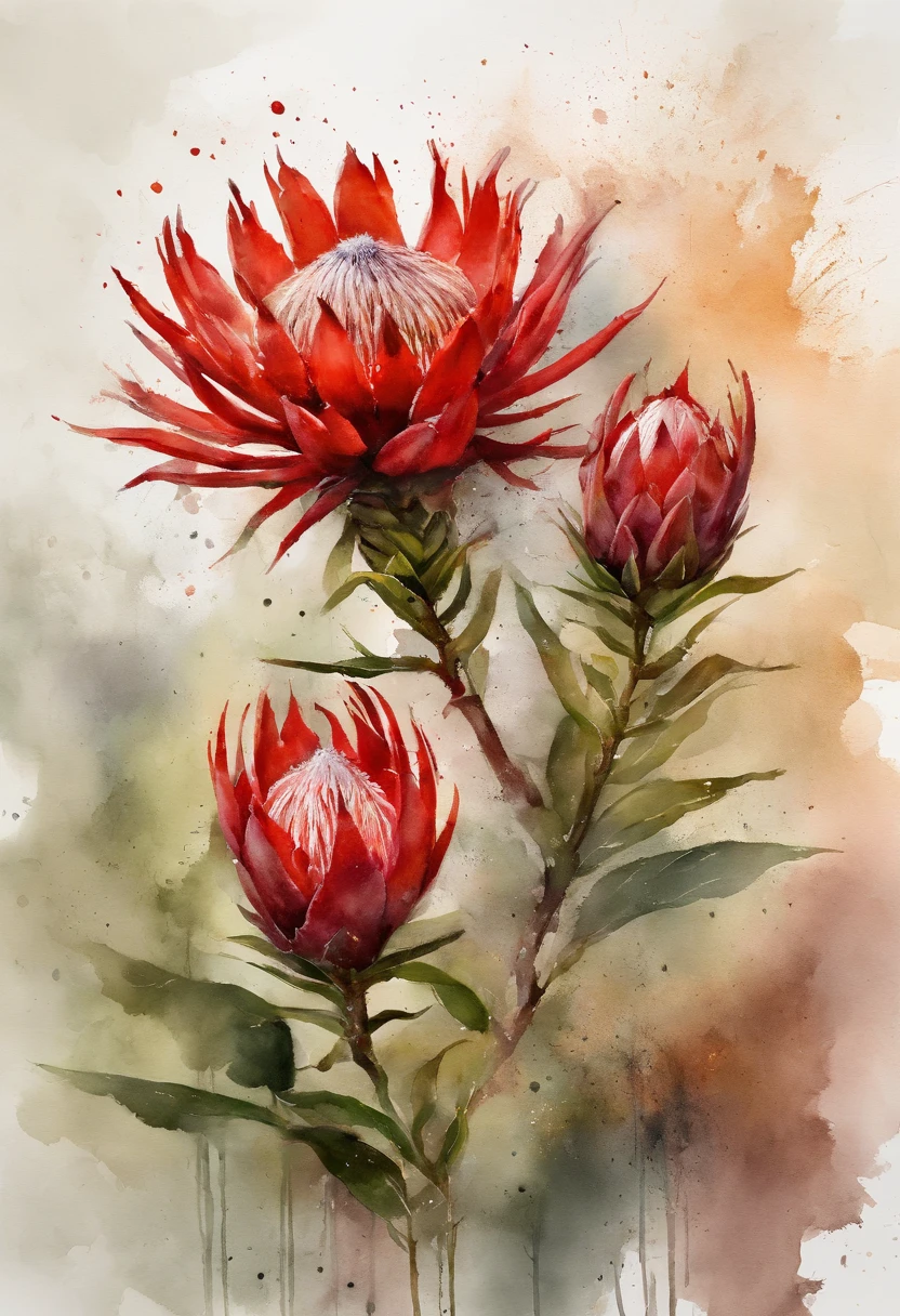 a red protea painting with a splatter background and spray paint effect, by Eugeniusz Zak, watercolor art, by Károly Lotz, watercolor painting, watercolor painting style, watercolor detailed art, by Reuben Tam, watercolor digital painting, watercolor paint, masterfully detailed watercolor, watercolor art, Grzegorz Rutkowski