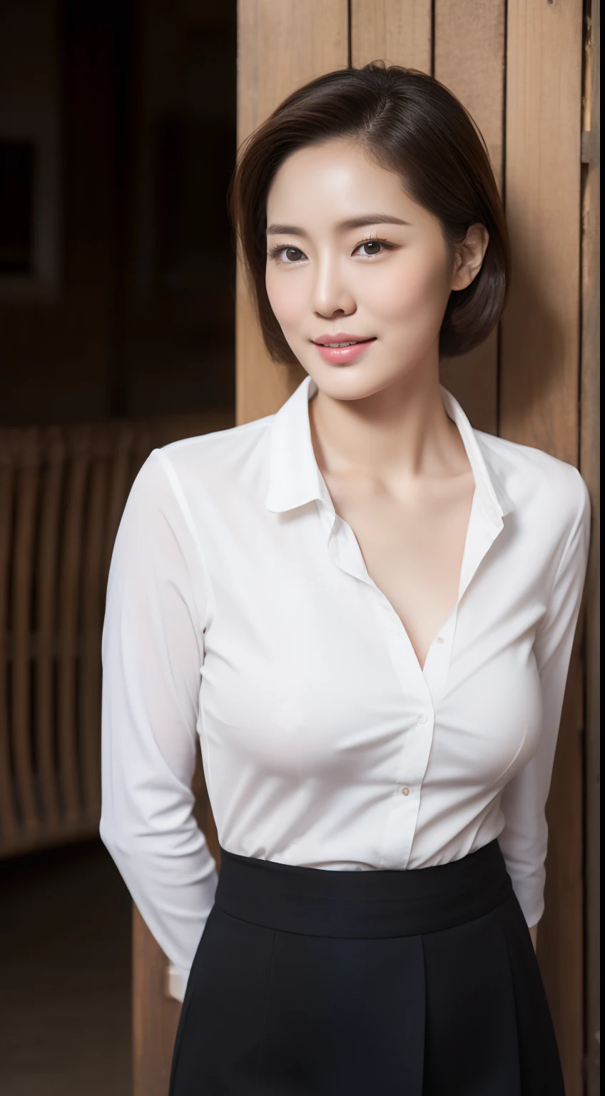 photograph of-realistic (1 Korean royal sister star) hair slicked back, White skin, thin makeup, 32 inch breast size, A slight smil, White shirt, Stand in front of the hut, , hyper HD，Cocked buttocks，black lence stockings