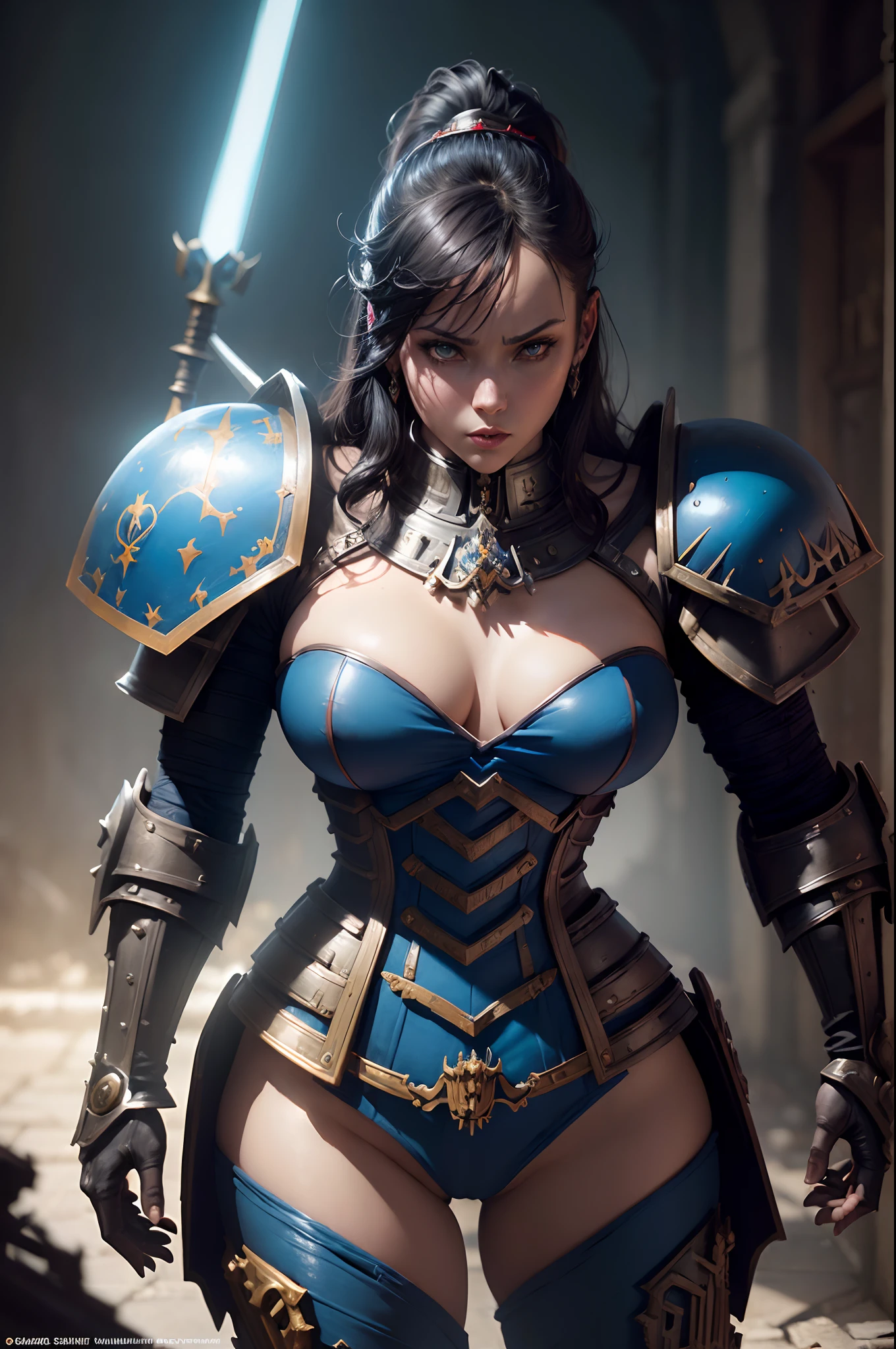 In 8K resolution(full bodyesbian:1.3)shots、splashart、Fantastic comic book style、Photorealistic and intense look、Anatomical photorealistic digital painting(shoun:1.3)Human portrait(shoun:1.3)Blue and white complex(heavily armored:1.3)and blue shortcut hair(Dark and moody universe:1.3)、light particules、highlydetailed skin、samurais、extremely detailed eye、 (Elden Ring-style:1.1)、(warhammer style:1.3)、Concept Artist、globalillumination、depth of fields、splashart、Art by Artgerm and Greg Rutkowski and Viktoria Gavrilenko