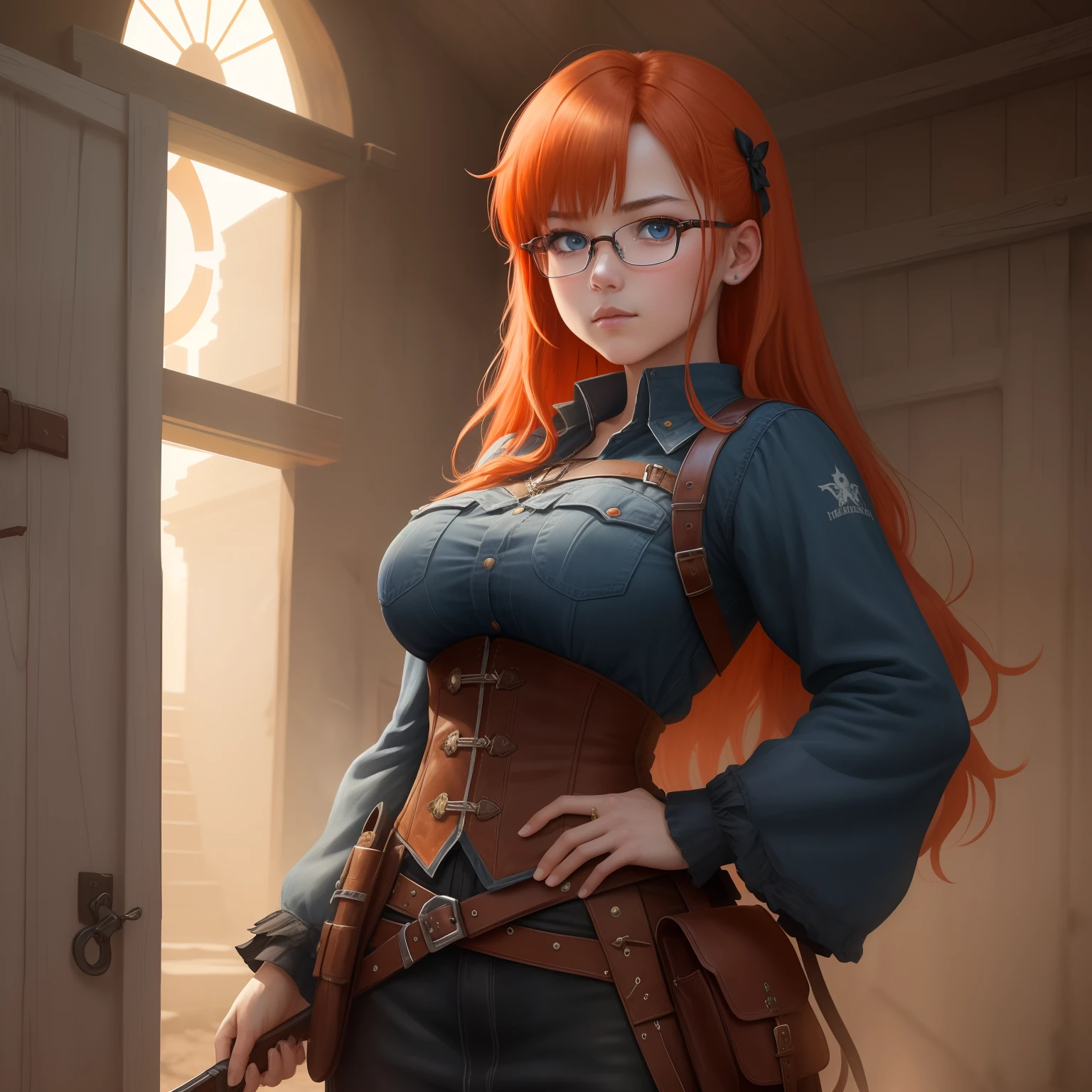 8k, masterpiece, best quality, realistic, higly detailed, cowboy shot, 1girl, solo, itsuki, serious looking girl, medium-length hair, expressive ahoge, reddish-orange hair, a pair of star-shaped hairpins near both of her eyes, dark blue eyes, average height, well-endowed figure, glasses, cute, death bringer