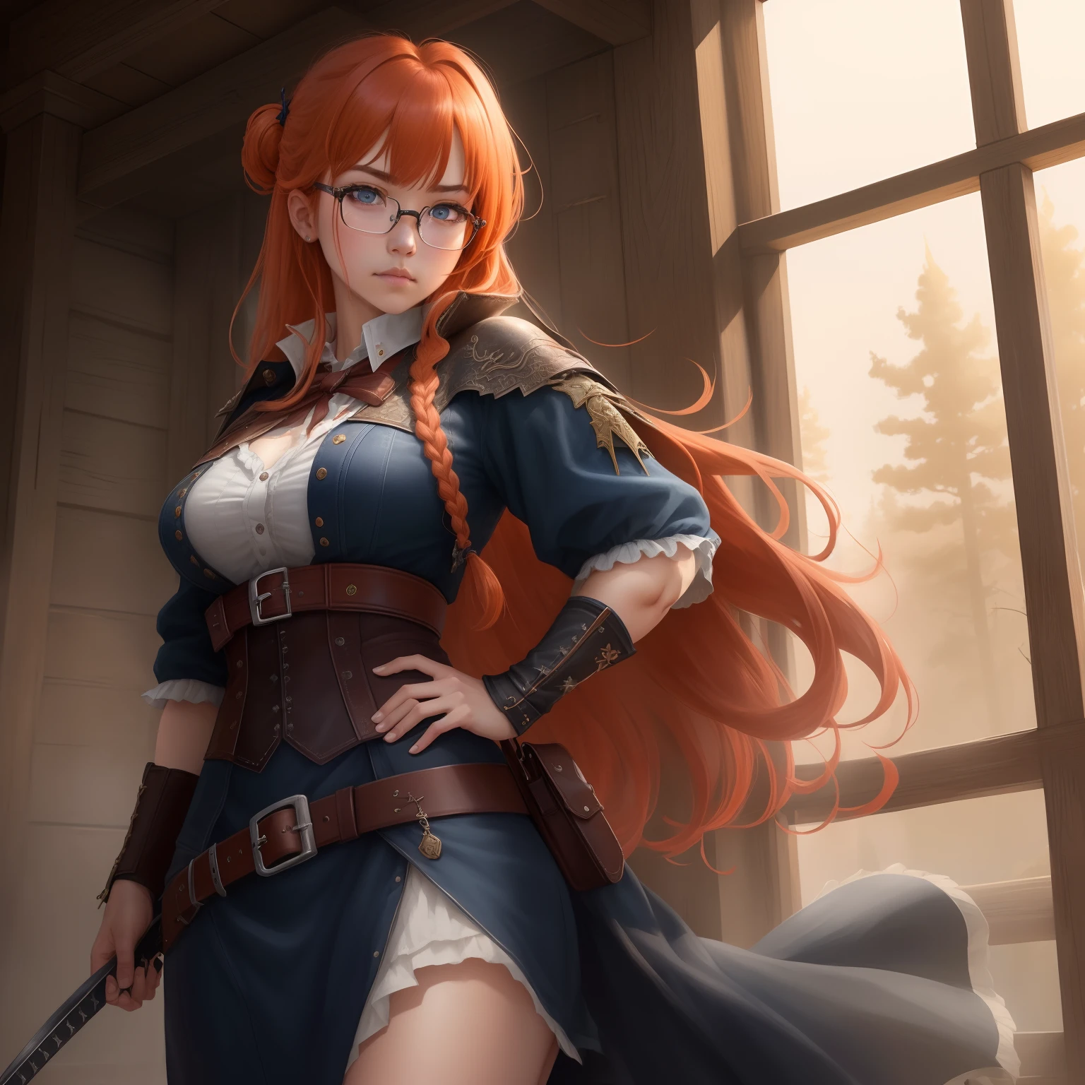 8k, masterpiece, best quality, realistic, higly detailed, cowboy shot, 1girl, solo, itsuki, serious looking girl, medium-length hair, expressive ahoge, reddish-orange hair, a pair of star-shaped hairpins near both of her eyes, dark blue eyes, average height, well-endowed figure, glasses, cute, death bringer