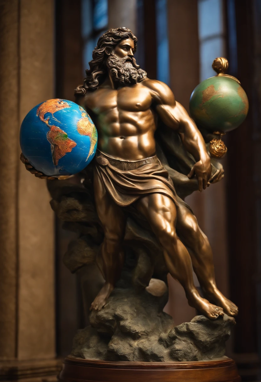 A realistic statue of the god Atlas carrying the planet Earth on his back.