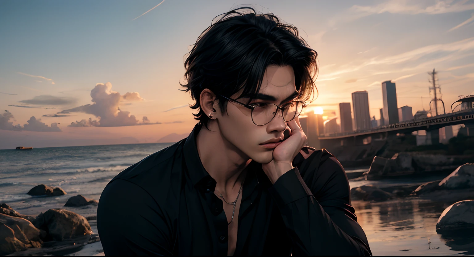 (absurdres, highres, ultra detailed, realistic, ), male focus, 1boy, shirt, solo, background At the sunset, round glasses, thermal long sleeve shirt, pants, black hair, Black shirt, closed mouth, short black hair combed back with a few strands on the face, muscular chest and arms, thick eyebrows, thin nose, young face, ear with piercings