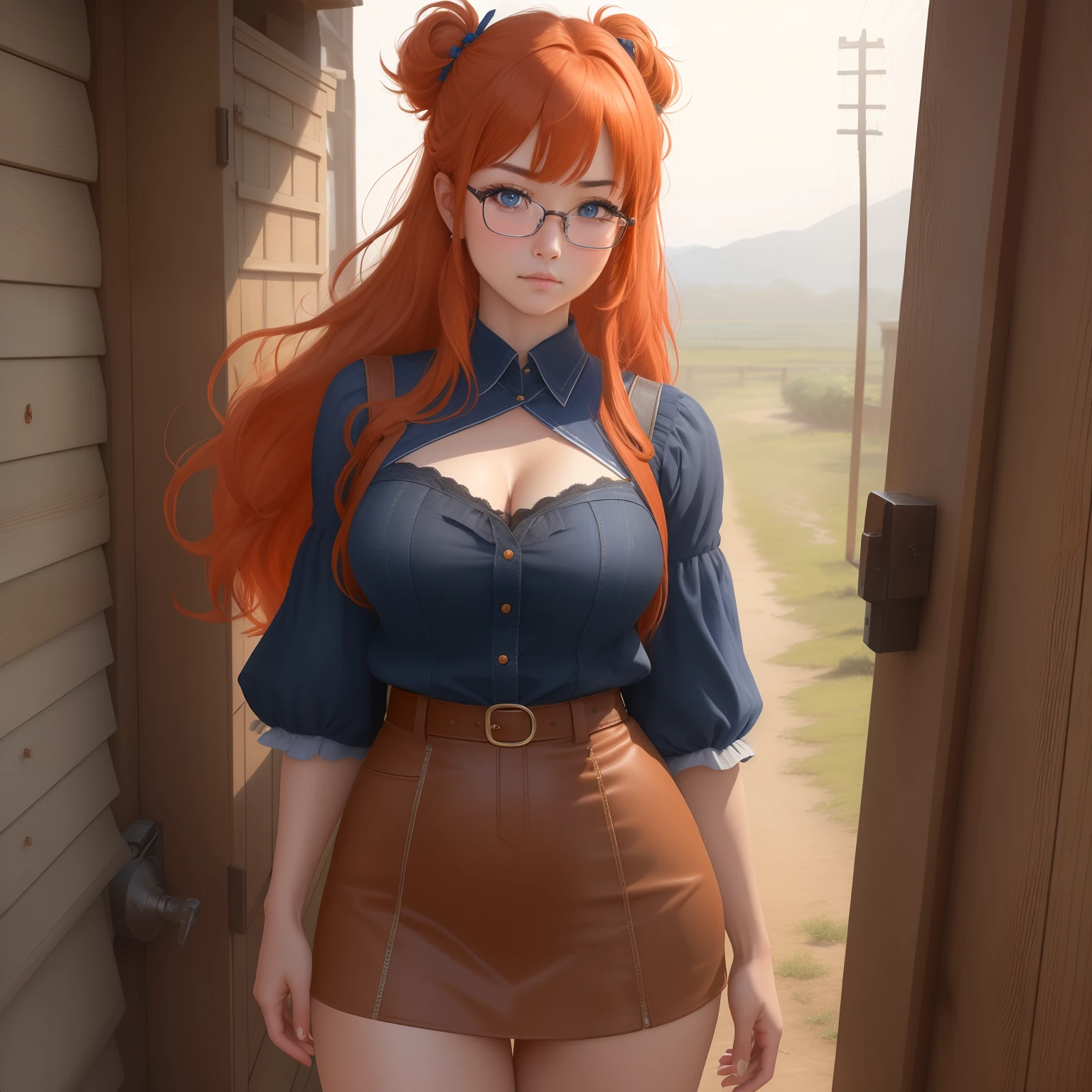 8k, masterpiece, best quality, realistic, higly detailed, cowboy shot, 1girl, solo, itsuki, serious looking girl, medium-length hair, expressive ahoge, reddish-orange hair, a pair of star-shaped hairpins near both of her eyes, dark blue eyes, average height, well-endowed figure, glasses, cute, diligencer