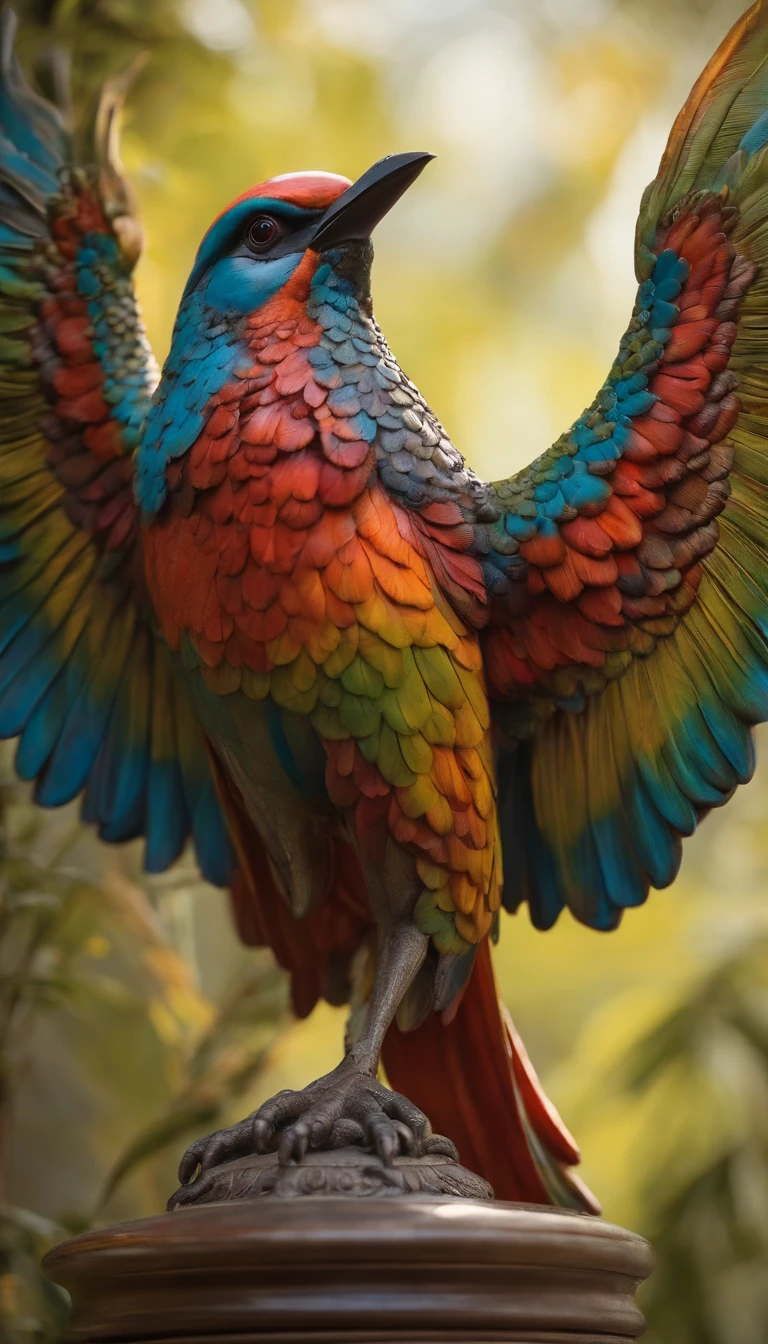 Many people worshipping a statue of a bird