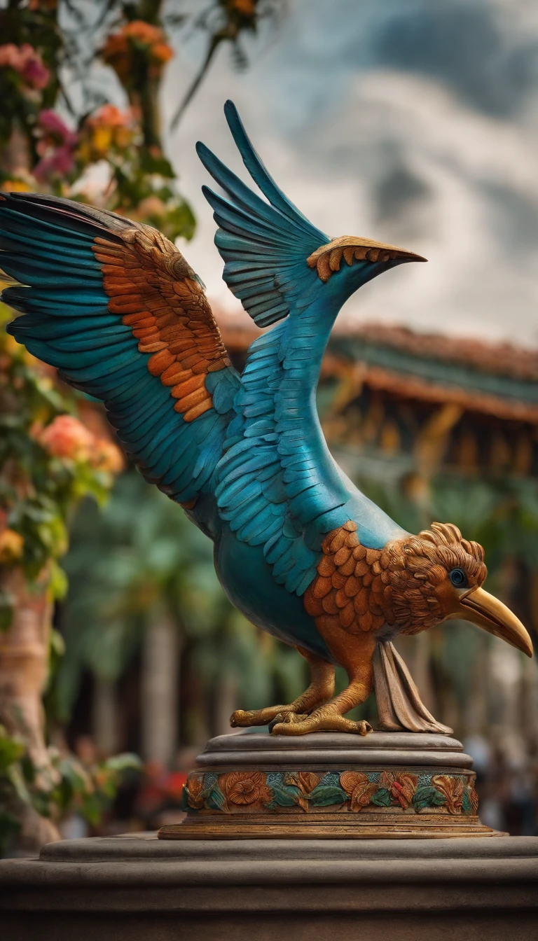 Many people worshipping a statue of a bird