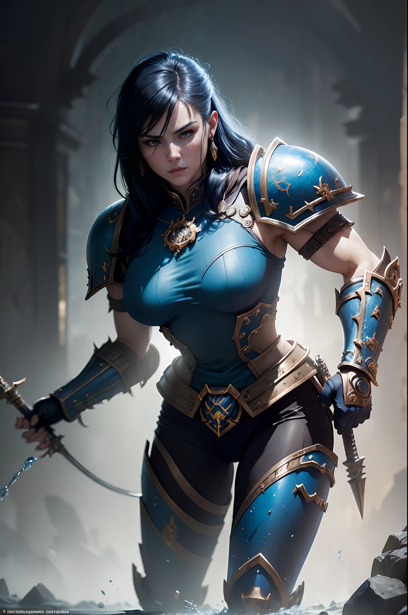 In 8K resolution(full bodyesbian:1.3)shots、splashart、Fantastic comic book style、Appearance of a boy with a thin and muscular body、Anatomical photorealistic digital painting(shoun:1.3)Human portrait(shoun:1.3)Blue and white complex(heavily armored:1.3)and blue shortcut hair(Dark and moody universe:1.3)、light particules、highlydetailed skin、samurais、extremely detailed eye、 (Elden Ring-style:1.1)、(warhammer style:1.3)、Concept Artist、globalillumination、depth of fields、splashart、Art by Artgerm and Greg Rutkowski and Viktoria Gavrilenko