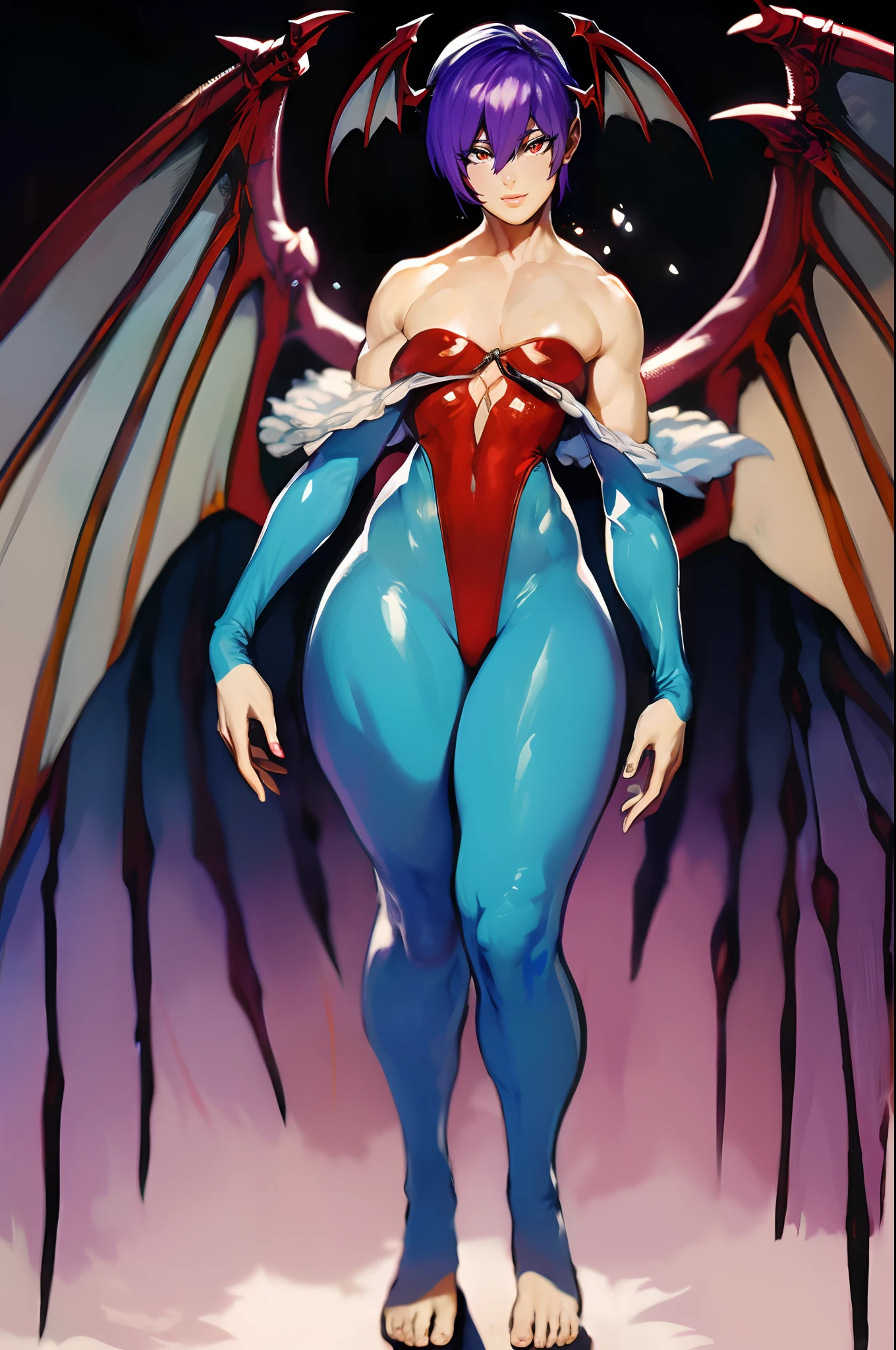 best quality,masterpiece:1.2),intricate details,beautiful detailed eyes,beautiful detailed lips,extremely detailed eyes and face,longeyelashes,darkstalkers_lilith modeseven,comic style,vibrant colors,standing,innocent, full body, standing, smile,Modeseven - Style, medium breast, feet, flying ,wings