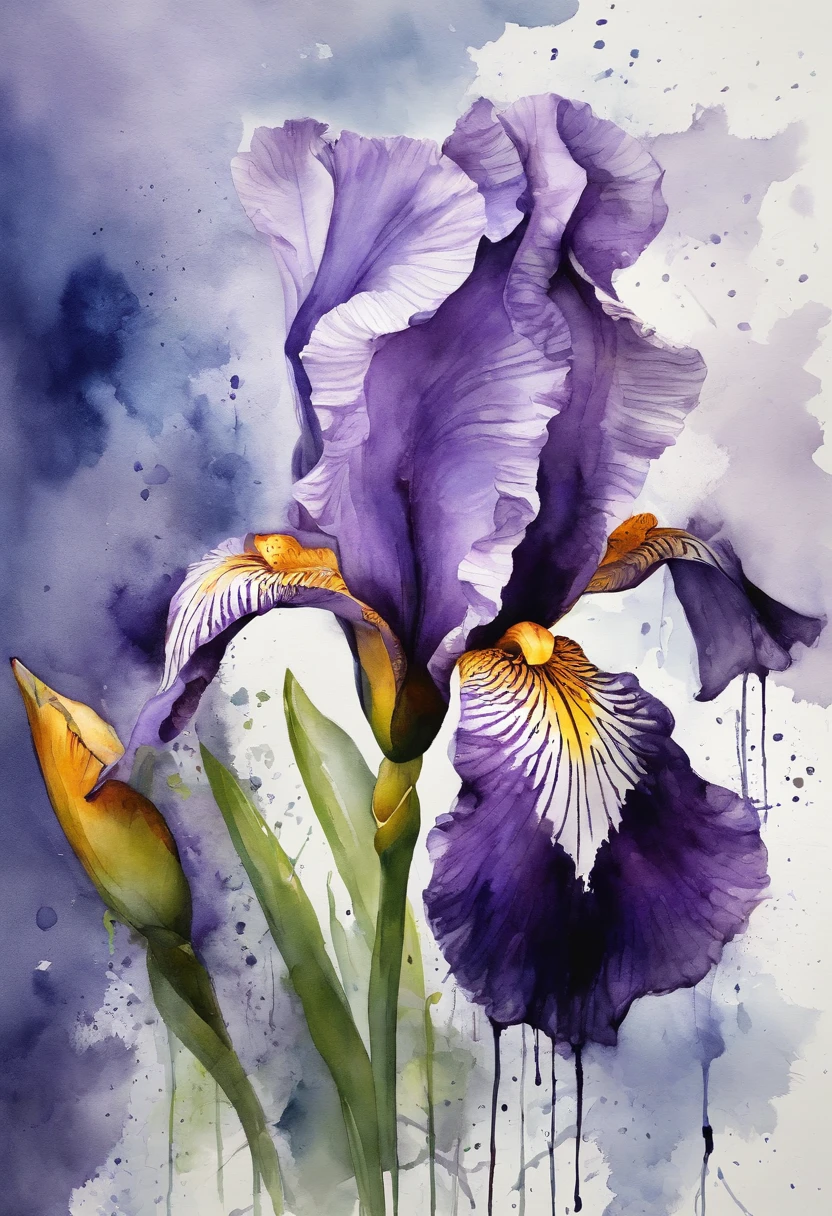 painting of a purple iris with a splatter background and spray paint effect, by Eugeniusz Zak, watercolor art, by Károly Lotz, watercolor painting, watercolor painting style, watercolor detailed art, by Reuben Tam, watercolor digital painting, watercolor paint, masterfully detailed watercolor, watercolor art, Grzegorz Rutkowski