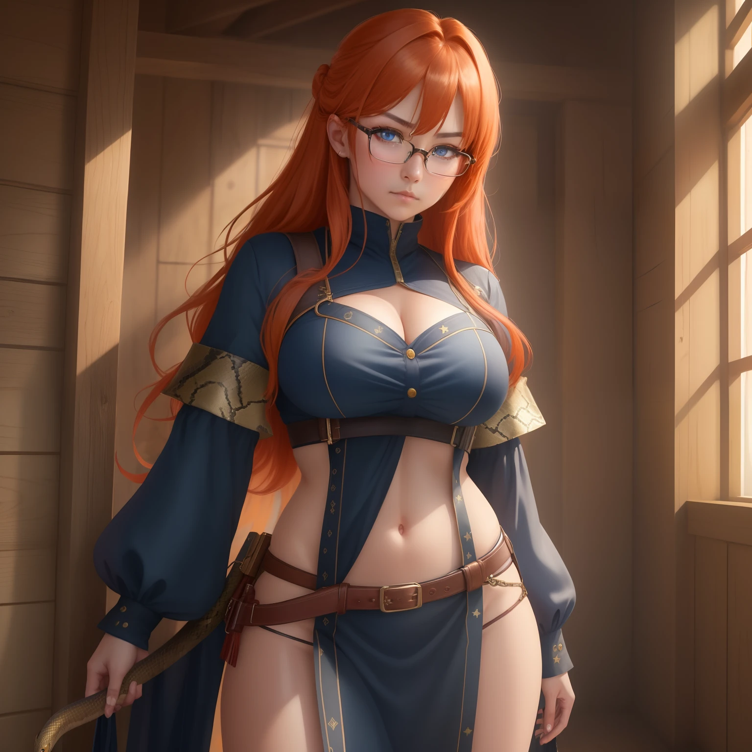 8k, masterpiece, best quality, realistic, higly detailed, cowboy shot, 1girl, solo, itsuki, serious looking girl, medium-length hair, expressive ahoge, reddish-orange hair, a pair of star-shaped hairpins near both of her eyes, dark blue eyes, average height, well-endowed figure, glasses, cute, snake of envy