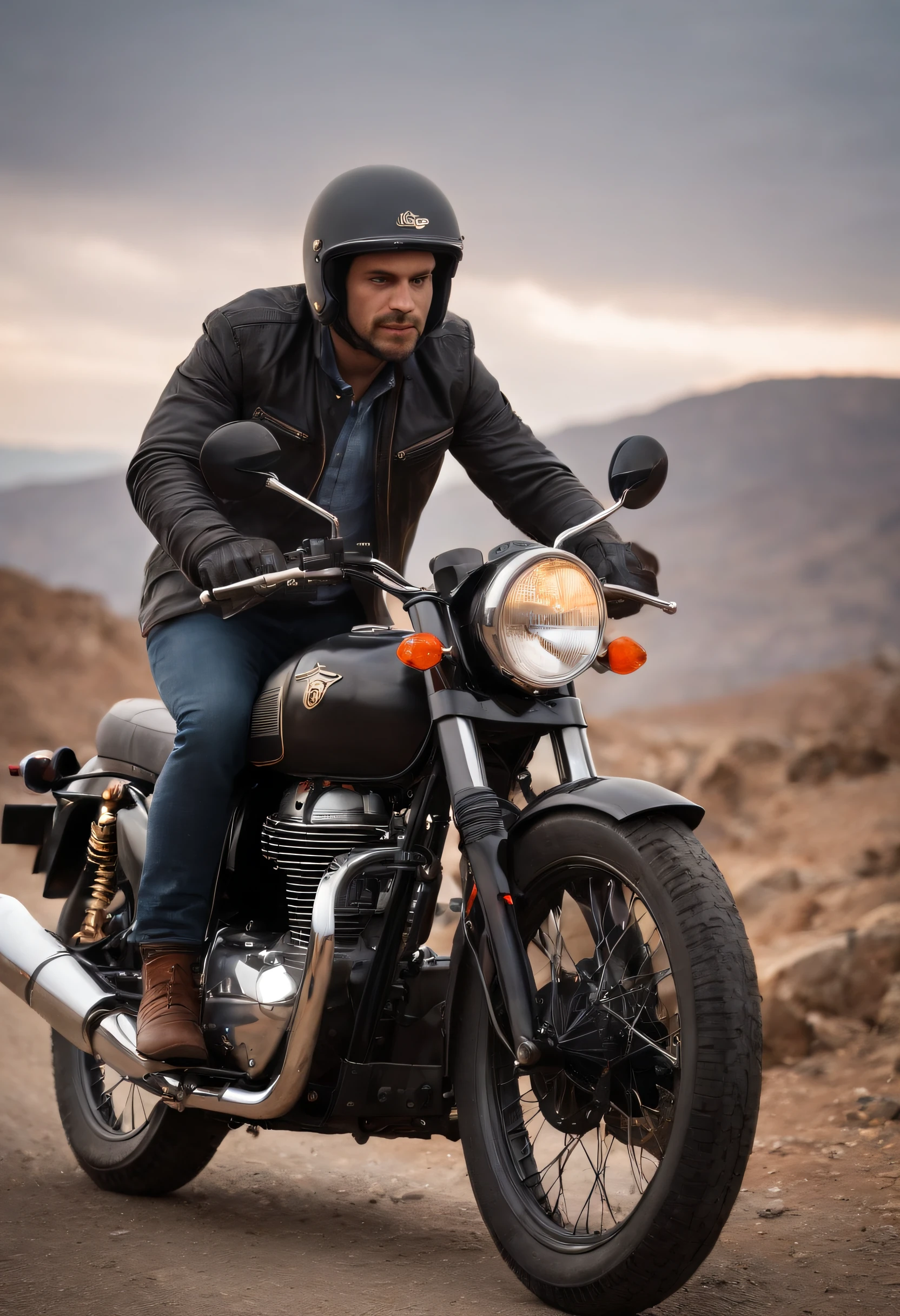 Amazing cinematic poster with a Royal Enfield motorcycle with a male rider in dirty clothes, Highway background with floating rocks with neon lights, asfalto quebrado com pedras, lightnings, energia, neon lights, Sunset, textura grunge, ultra-realistic, fotorrealista, dust particles , photographed with a Nikon D850 camera with a Nikkor 24 -70mm f/2.Lente 8E ED VR