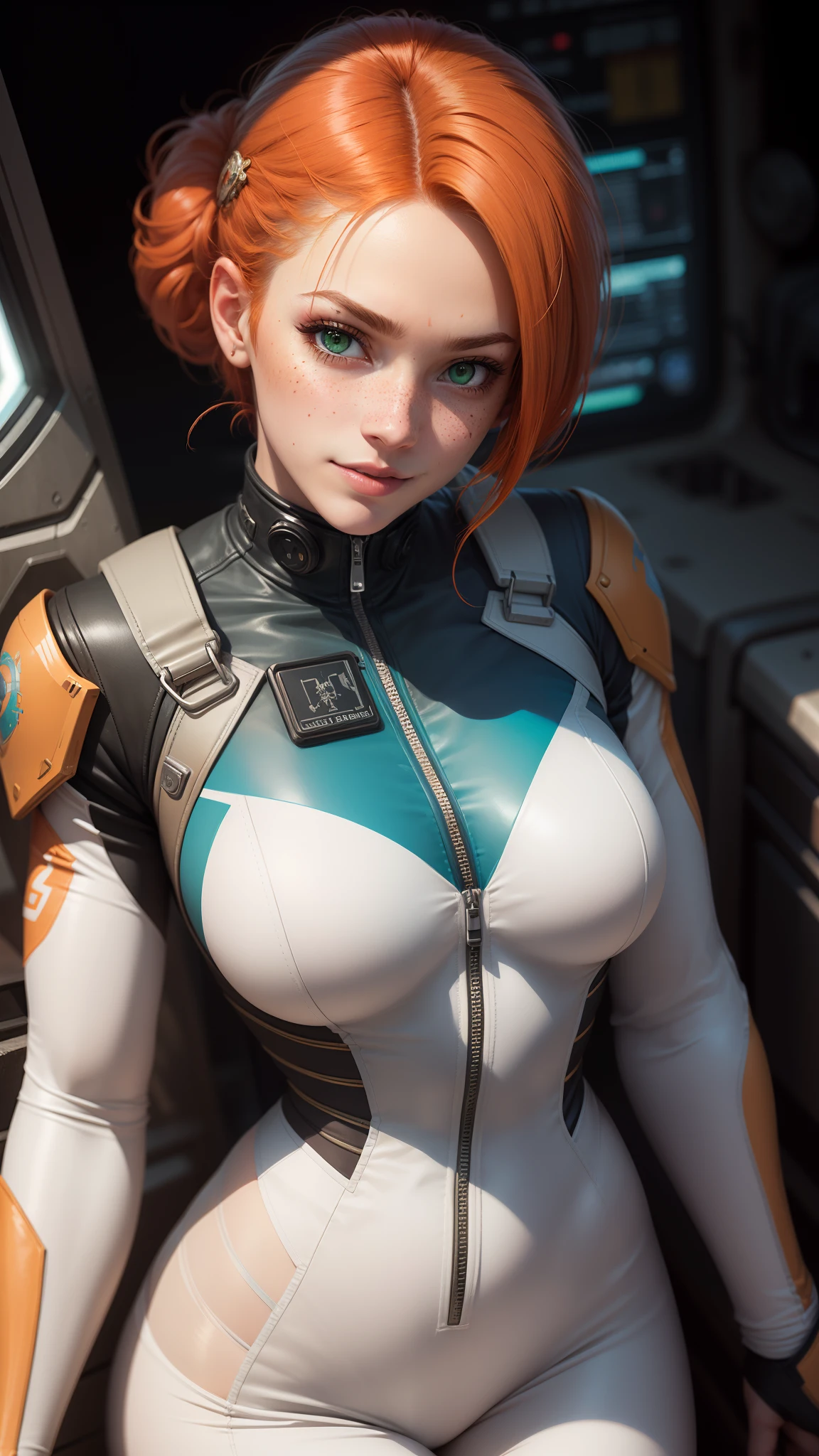 gwen tennyson,tracer,hinata,rebecca chambers,overwatch,gundam,1girl,close up,mecha pilot,space port,blue and purple plugsuit,pilot jacket,hair pin,pirate corset,pink long sleeve lycra top,white leggings,short hair,war makeup,green eyes,orange hair,hair highlights,shy smile,freckles,redhead,beautiful girl,large breasts,ultra detailed,realistic,fantasy art,