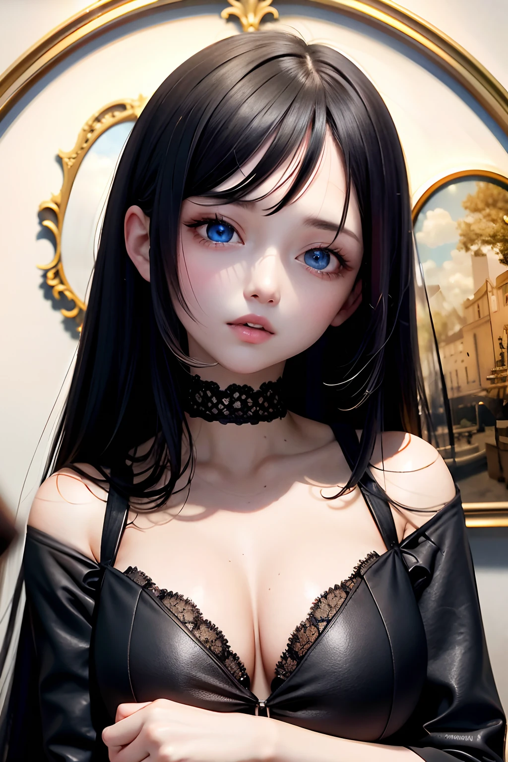 best quality, masterpiece,Black hair, blue eyes, looking up, upper body