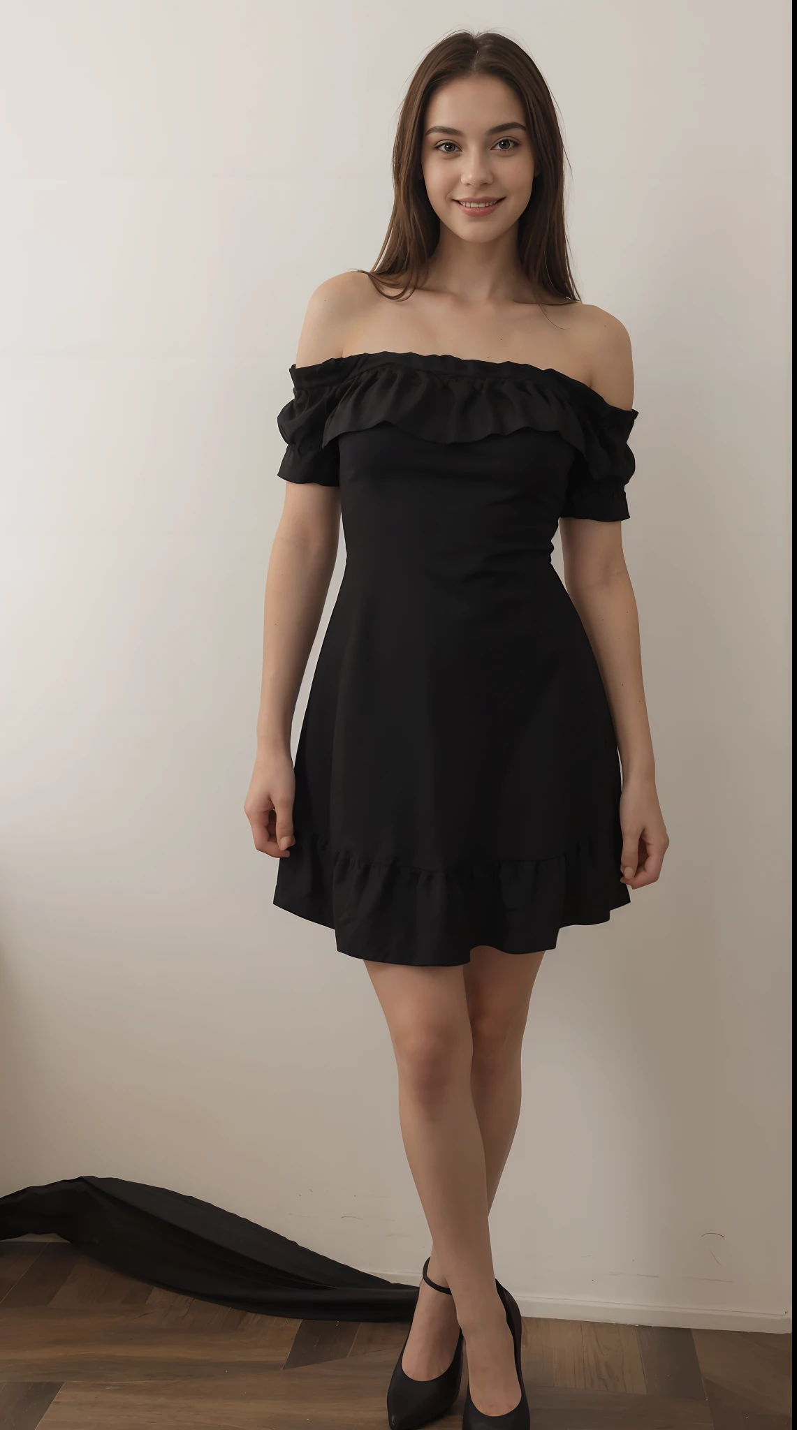 A photorealistic picture of one tall 20 year old girl in a room, ((detailed dark brown eyes:1.2)), ((detailed brown hair:1.4)), ((perfect slim body:1.2)), (long oval face shape:1.2)), (pale skin:0.5), ((big smile)), (((short black off shoulder dress with short sleeves and ruffle hem))), (((black dress:1.5))), (((bright red pantyhose))), ((white background wall)), bad lighting, amateur photography, ((bad quality picture)), grainy