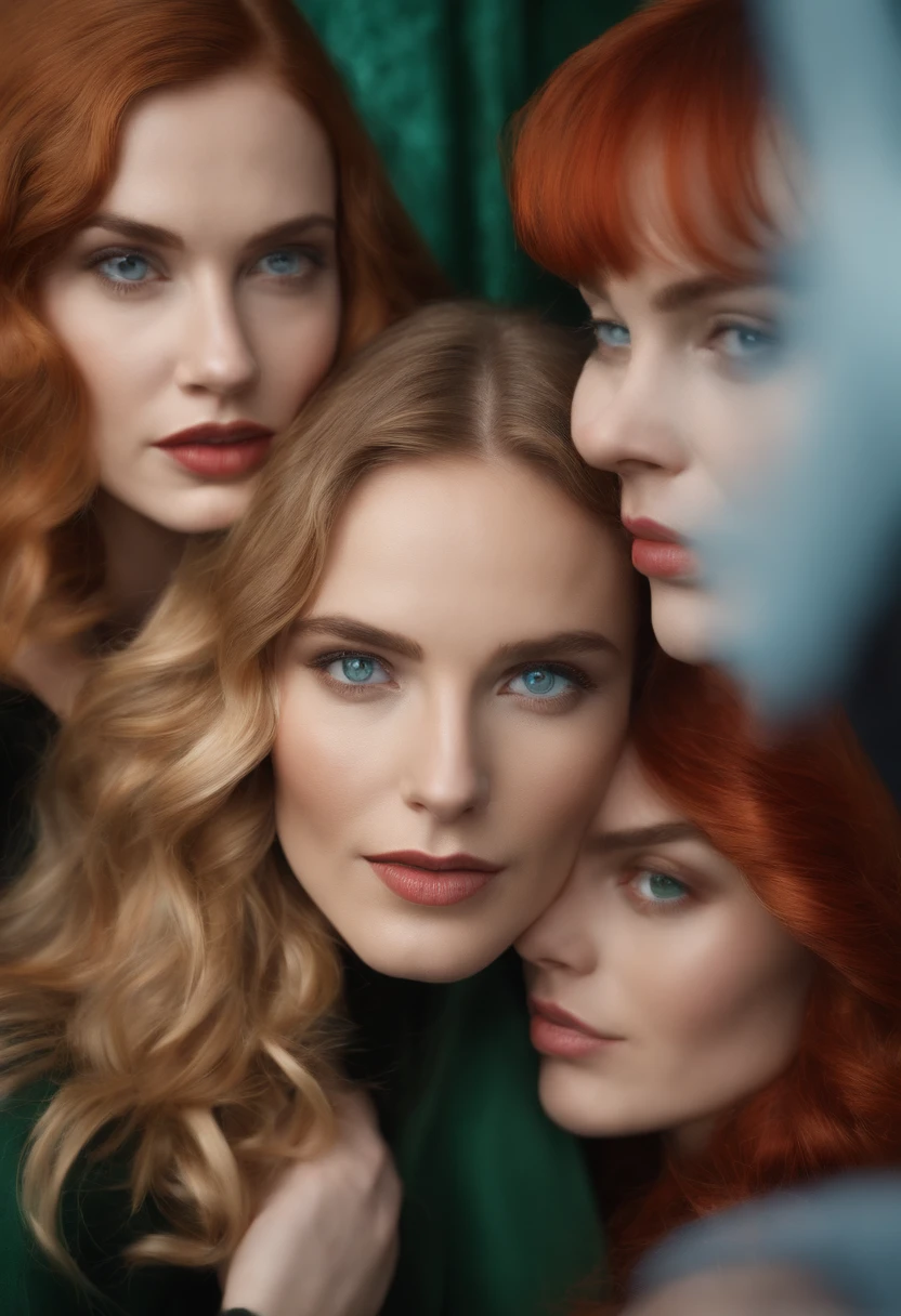 Three women, one has long straight dark hair, ice blue eyes, long black dress, another has short red hair, green eyes, white dress, the third has long wavy blonde hair, light brown eyes, long red dress, realistic, vivid colors, sharp focus, detailed facial features, fine painting, professional, studio lighting.