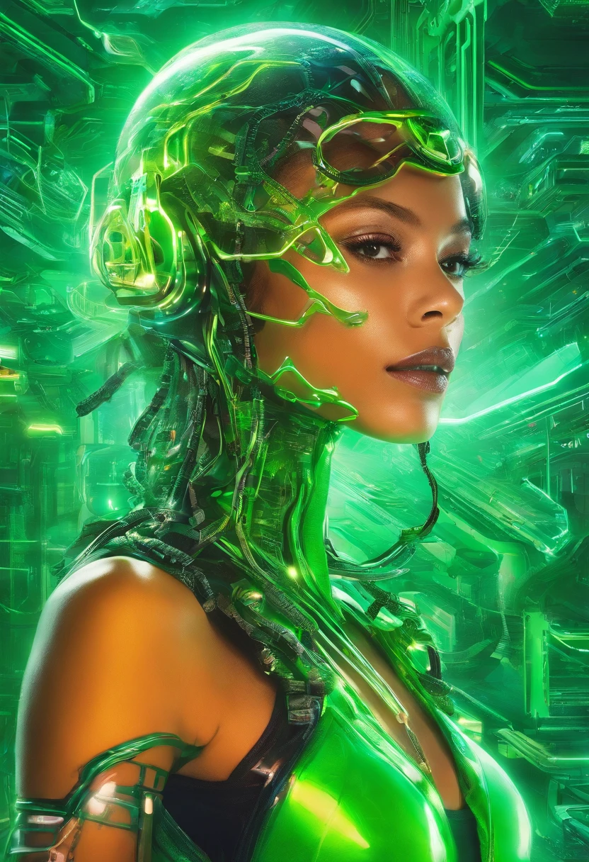 Close up photo portrait a woman with bright green paint, wearing chains, in the style of neon realism, colorful fantasy realism, dark orange and light green, colorful realism, comic art, artist ron alan elke ‘i am glowing girl , multilayered realism, uhd image , photography by David LaChapelle,