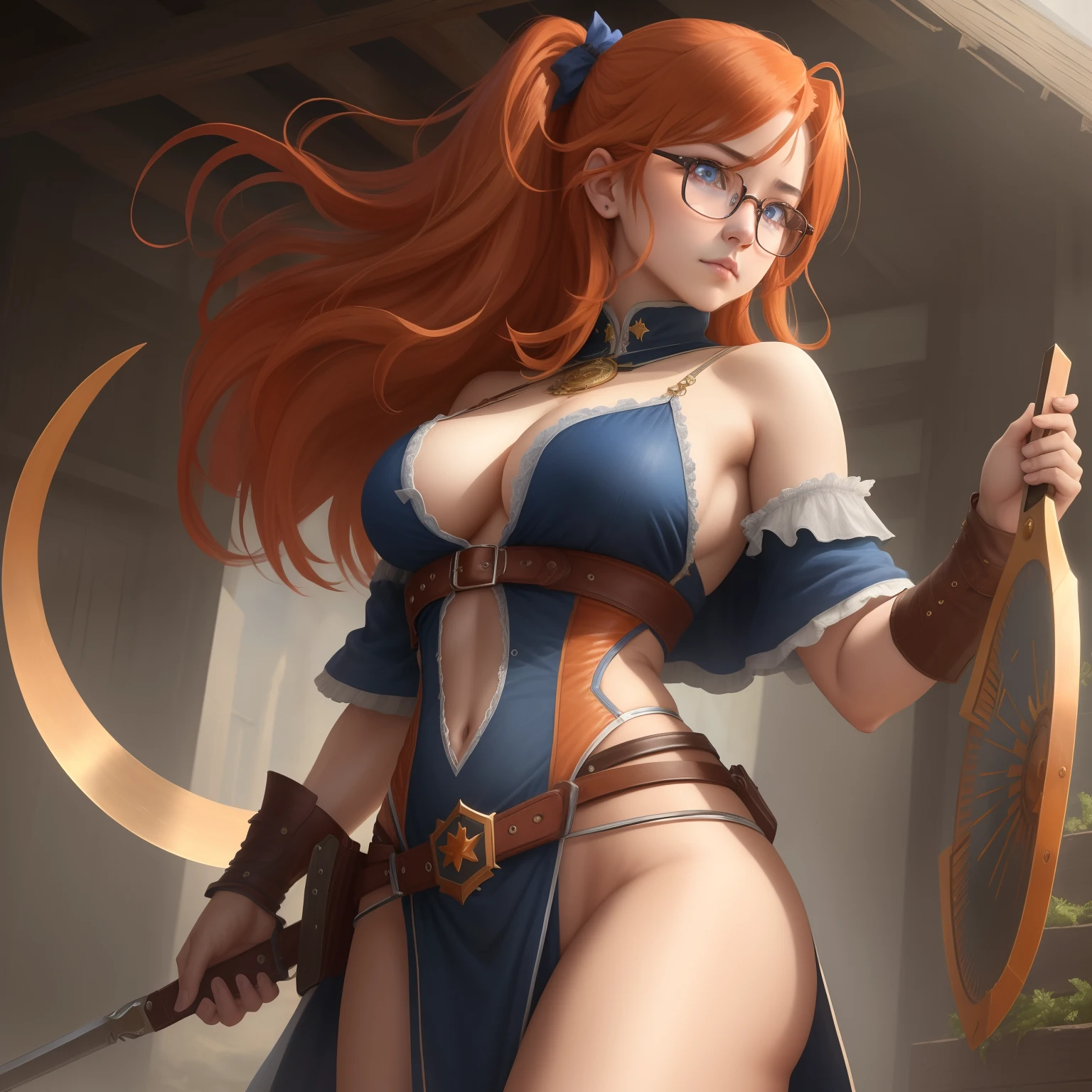 8k, masterpiece, best quality, realistic, higly detailed, cowboy shot, 1girl, solo, itsuki, serious looking girl, medium-length hair, expressive ahoge, reddish-orange hair, a pair of star-shaped hairpins near both of her eyes, dark blue eyes, average height, well-endowed figure, glasses, cute, famine bringer