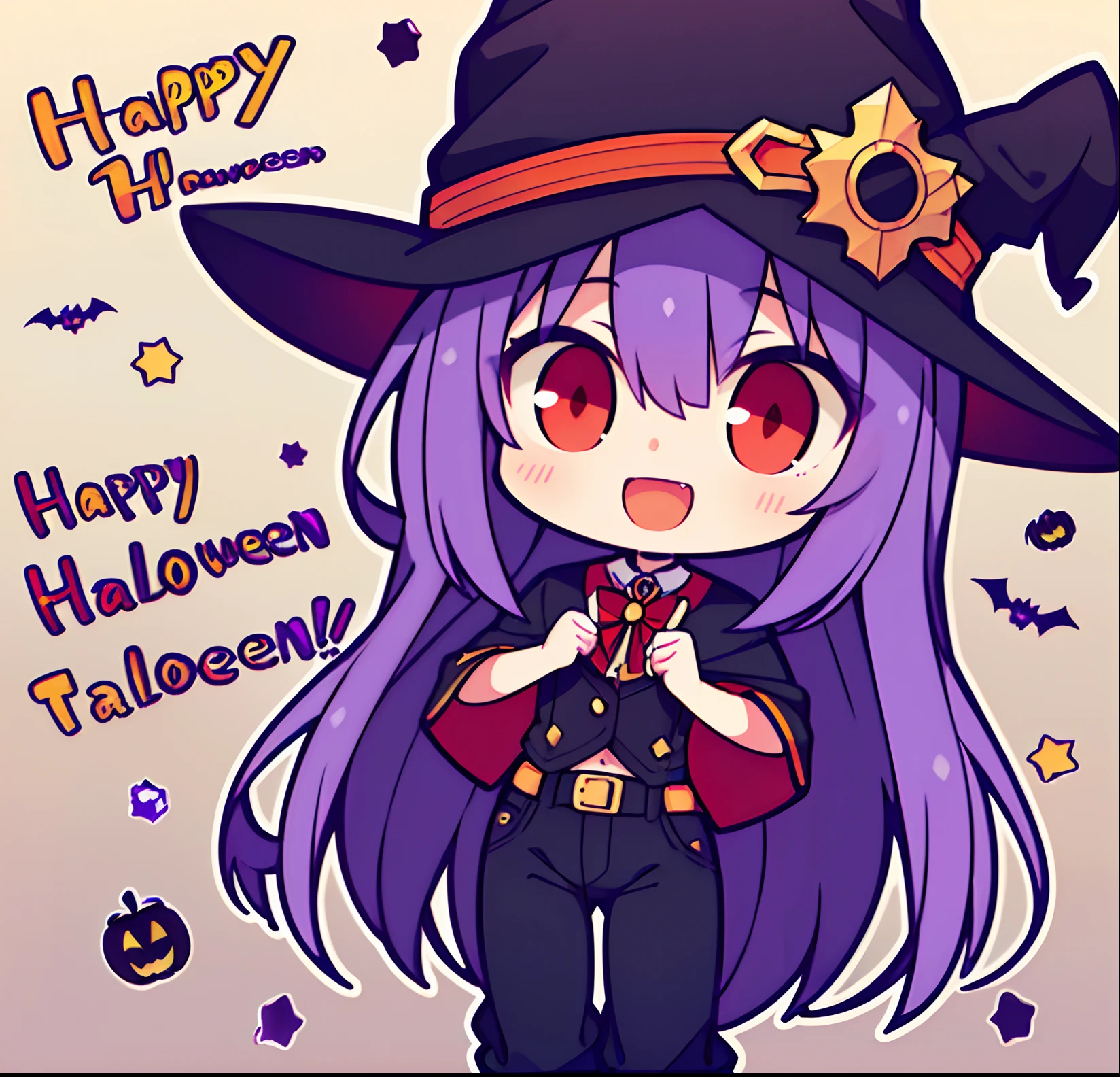 (high res, best quality, ultrasharp, 8k, masterpiece:1.3), 1girl, (dark purple hair:1.3), (long hair), (long pants:1.2), (red eyes:1.3), (teenager body), (happy expression), (witch outfit), (halloween themed).