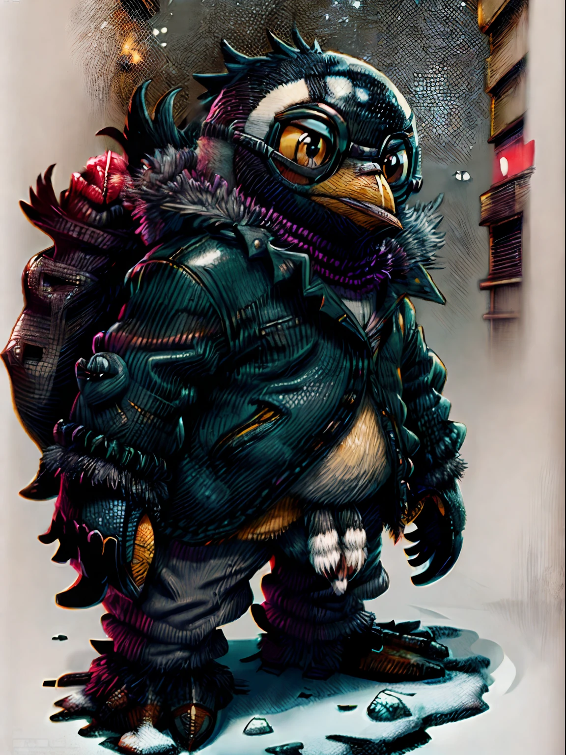 comic Penguin by Katsuya Terada, in the STYLE of Katsuya Terada. ((POKEMON STYLE Penguin)) Penguin by Katsuya Terada(comics,, manga, toon avatar, muppet, simple, stialized). Black ice furr and yellow frosty cold eyes. Wearing Brown-gray arctic gear with furr collar and hood with Googles.