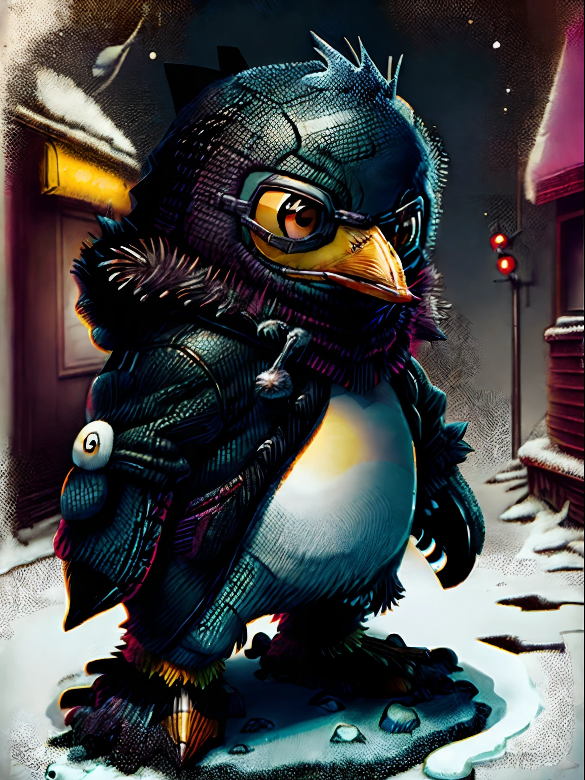 comic Penguin by Katsuya Terada, in the STYLE of Katsuya Terada. ((POKEMON STYLE Penguin)) Penguin by Katsuya Terada(comics,, manga, toon avatar, muppet, simple, stialized). Black ice furr and yellow frosty cold eyes. Wearing Brown-gray arctic gear with furr collar and hood with Googles.