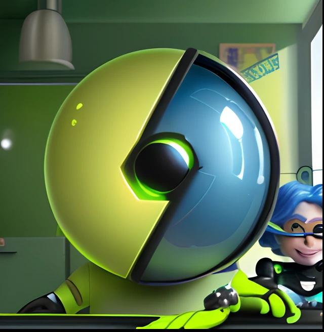 A brave and adventurous Disney Pixar man, robot and woman collaborating looking at the attached image, professional, and a determined mood, Disney, 8k, lime green attached image