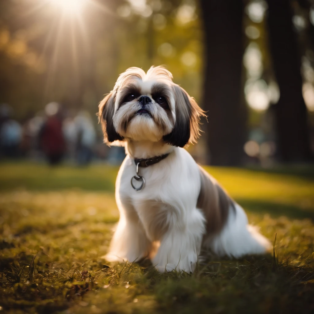Shih Tzu in the park with people and other dogs