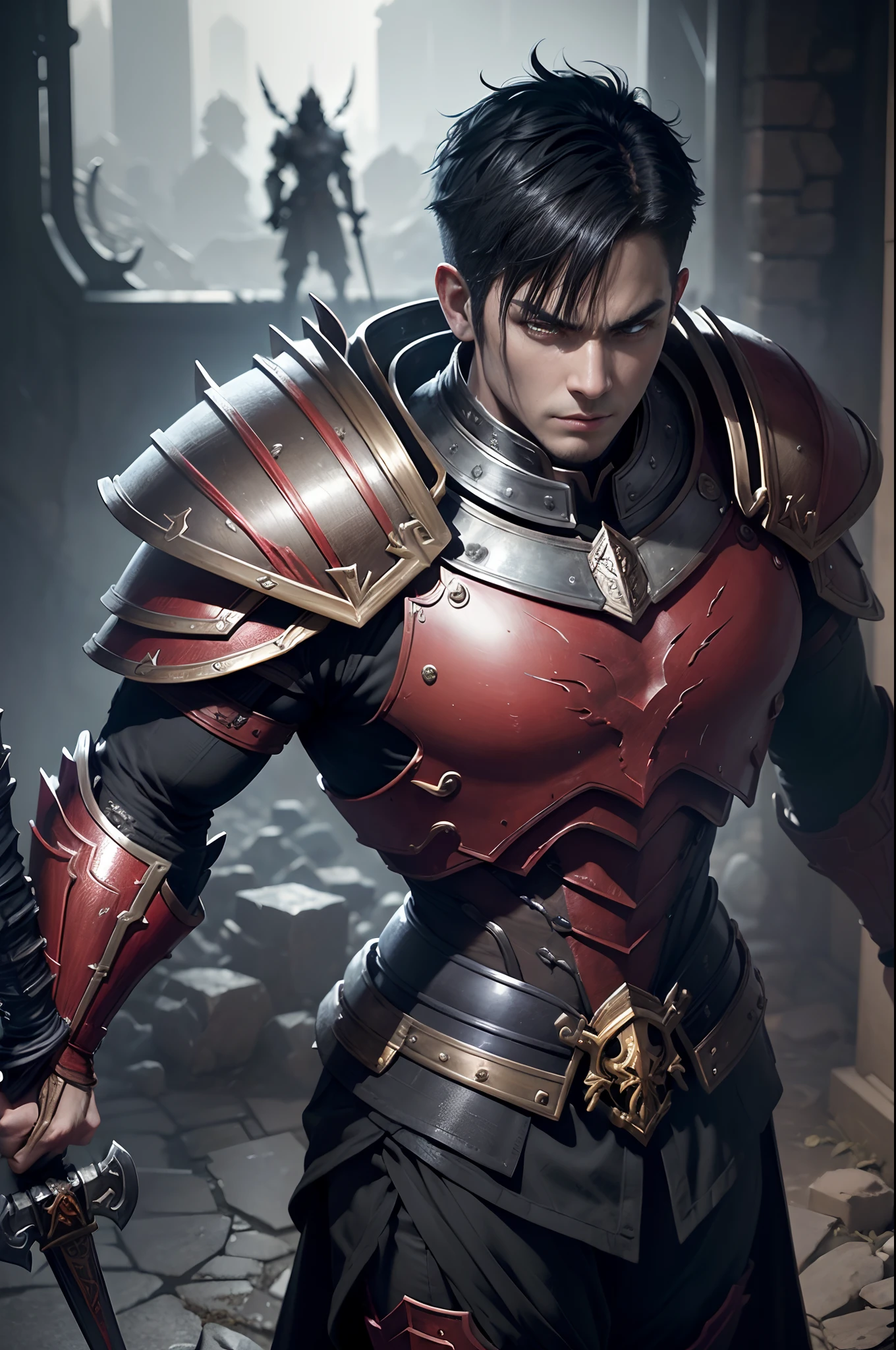 Boy's in 8K resolution(full bodyesbian:1.3)shots、splashart、Fantastic comic book style、Photorealistic and boy look、Anatomical photorealistic digital painting(shoun:1.3)Portrait of a boy(shoun:1.3)Red and black complex(heavily armored:1.3)and white short-cut hair(Dark and moody universe:1.3)、Black clothe,light particules、highlydetailed skin、Demon Slayer、extremely detailed eye、 (Elden Ring-style:1.1)、(warhammer style:1.3)、Concept Artist、globalillumination、depth of fields、splashart、Art by Artgerm and Greg Rutkowski and Viktoria Gavrilenko,Holding a very big sword