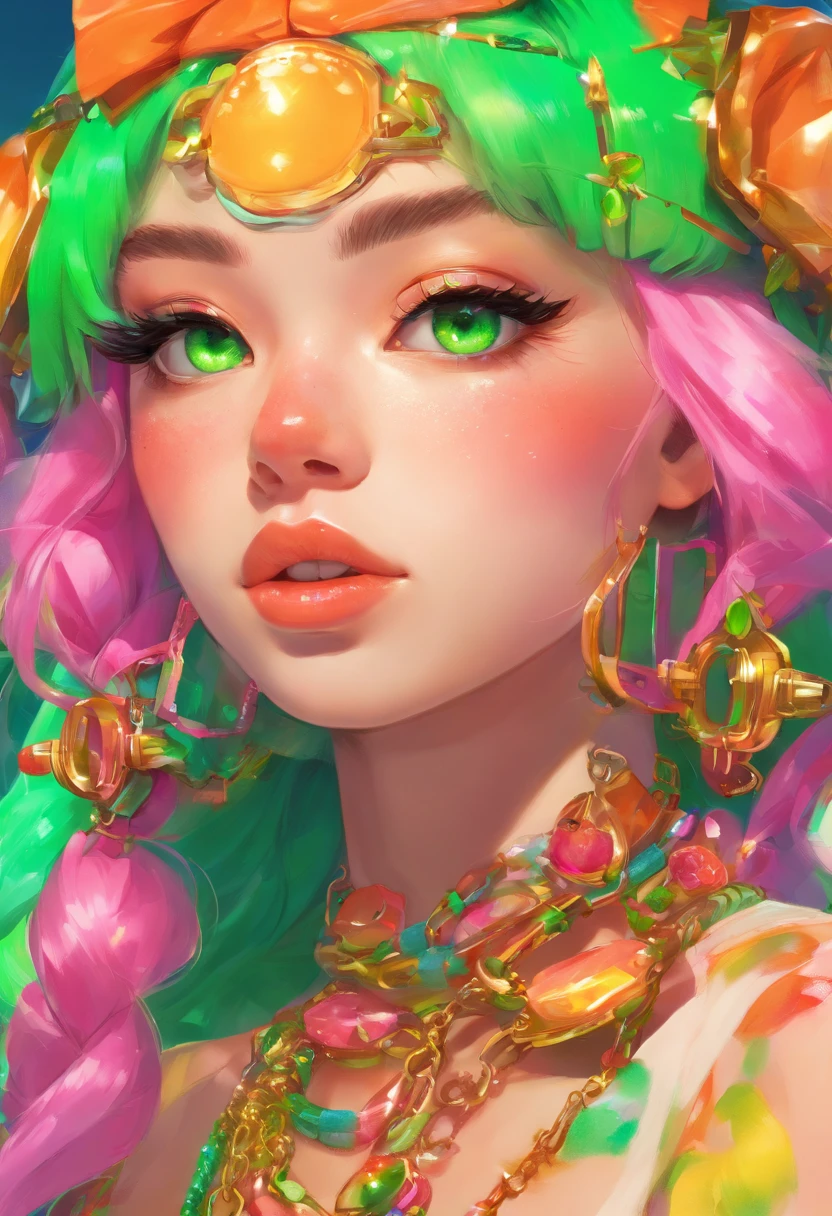 Close up photo portrait a woman with bright green paint, wearing chains, in the style of neon realism, colorful fantasy realism, dark orange and light green, colorful realism, comic art, artist ron alan elke ‘i am glowing girl , multilayered realism, uhd image , photography by David LaChapelle,