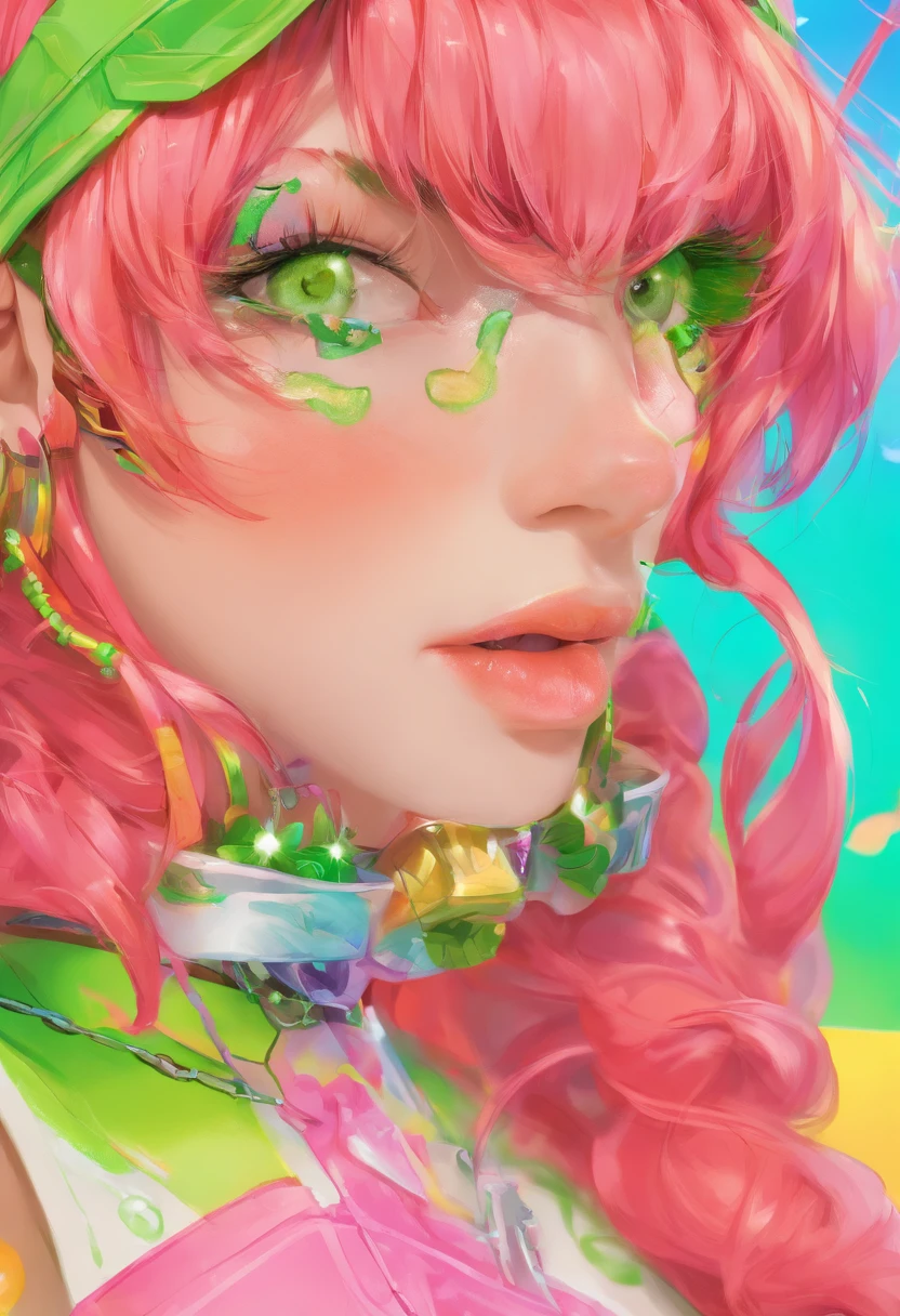 Close up photo portrait a woman with bright green paint, wearing chains, in the style of neon realism, colorful fantasy realism, dark orange and light green, colorful realism, comic art, artist ron alan elke ‘i am glowing girl , multilayered realism, uhd image , photography by David LaChapelle,