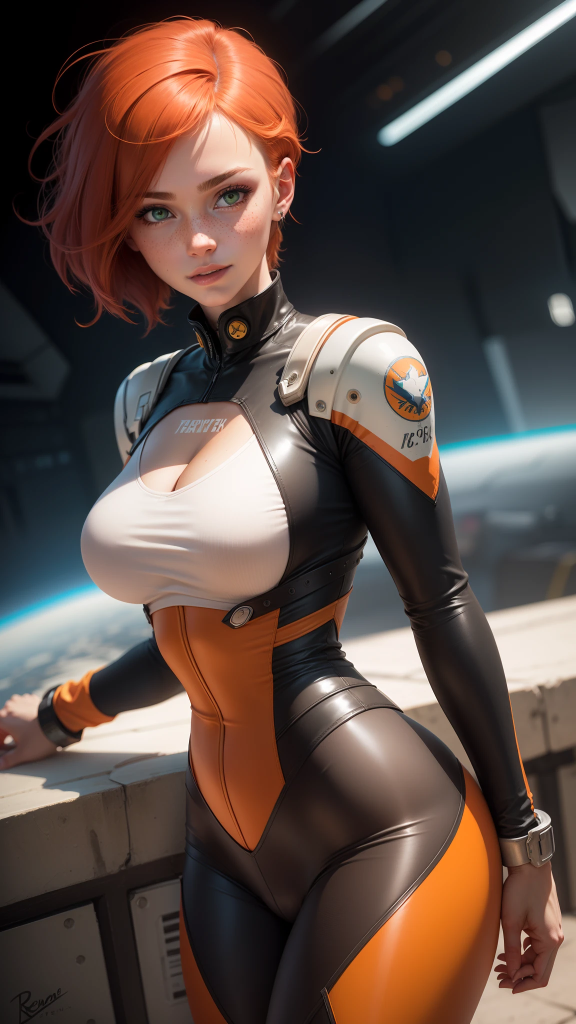 gwen tennyson,tracer,samus,rebecca chambers,overwatch,gundam,1girl,close up,mecha pilot,space port,mecha uniform,space marine,pirate corset, white long sleeve lycra top,white leggings,short hair,war makeup,green eyes,orange hair,silver highlights,shy smile,freckles,redhead,beautiful girl,large breasts,ultra detailed,realistic,fantasy art,