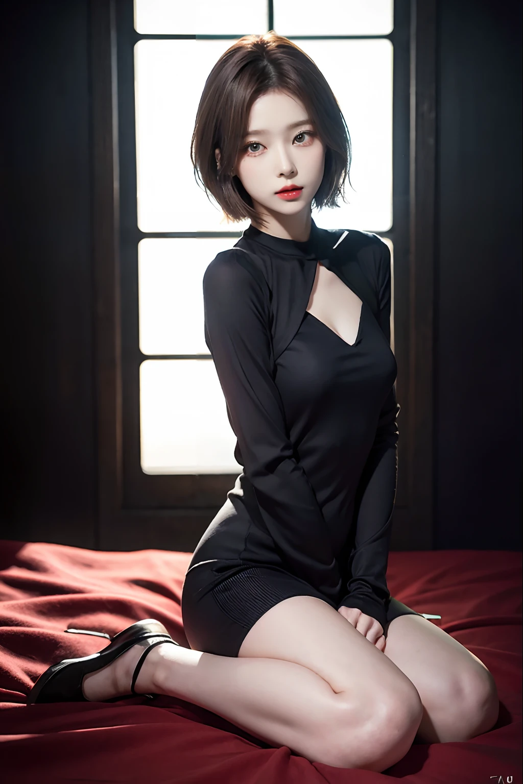 Top image quality、Raw photography、超A high resolution、An 18-year-old woman、Shooting for one person only、modelshoot、Autumn outfit、Beautiful Eyes of Details、very elongated eyes、Beautiful eyelashes、Beautiful double eyelids、Black walls、very slender legs、Shorthair with light brown hair、very slender physique、Very small buttocks