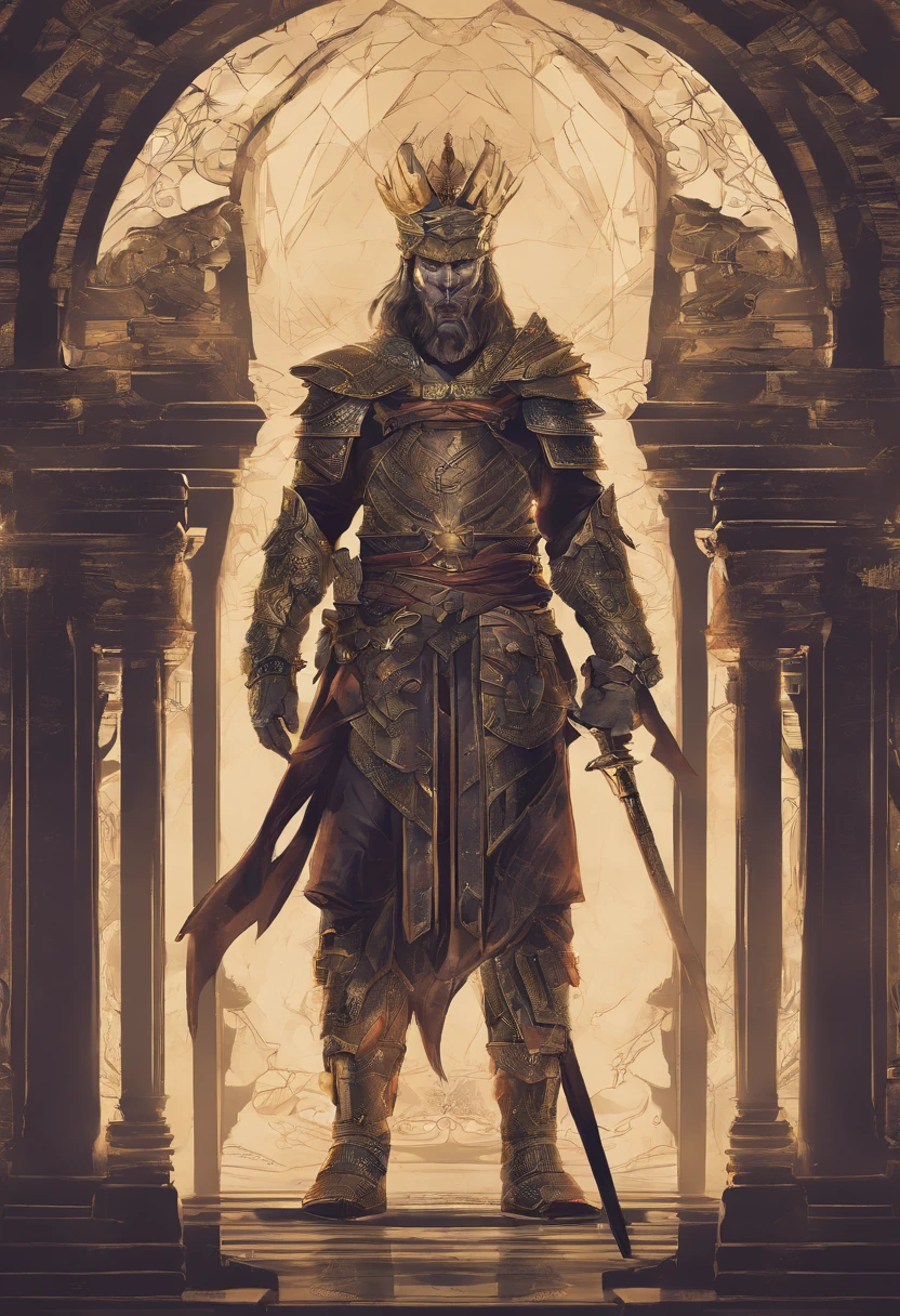 personagem centrado de um mensageiro do rei Arthur falando com o rei Arthur, O fundo da imagem deve ser escuro centralizando o caractere em qualidade 4K
