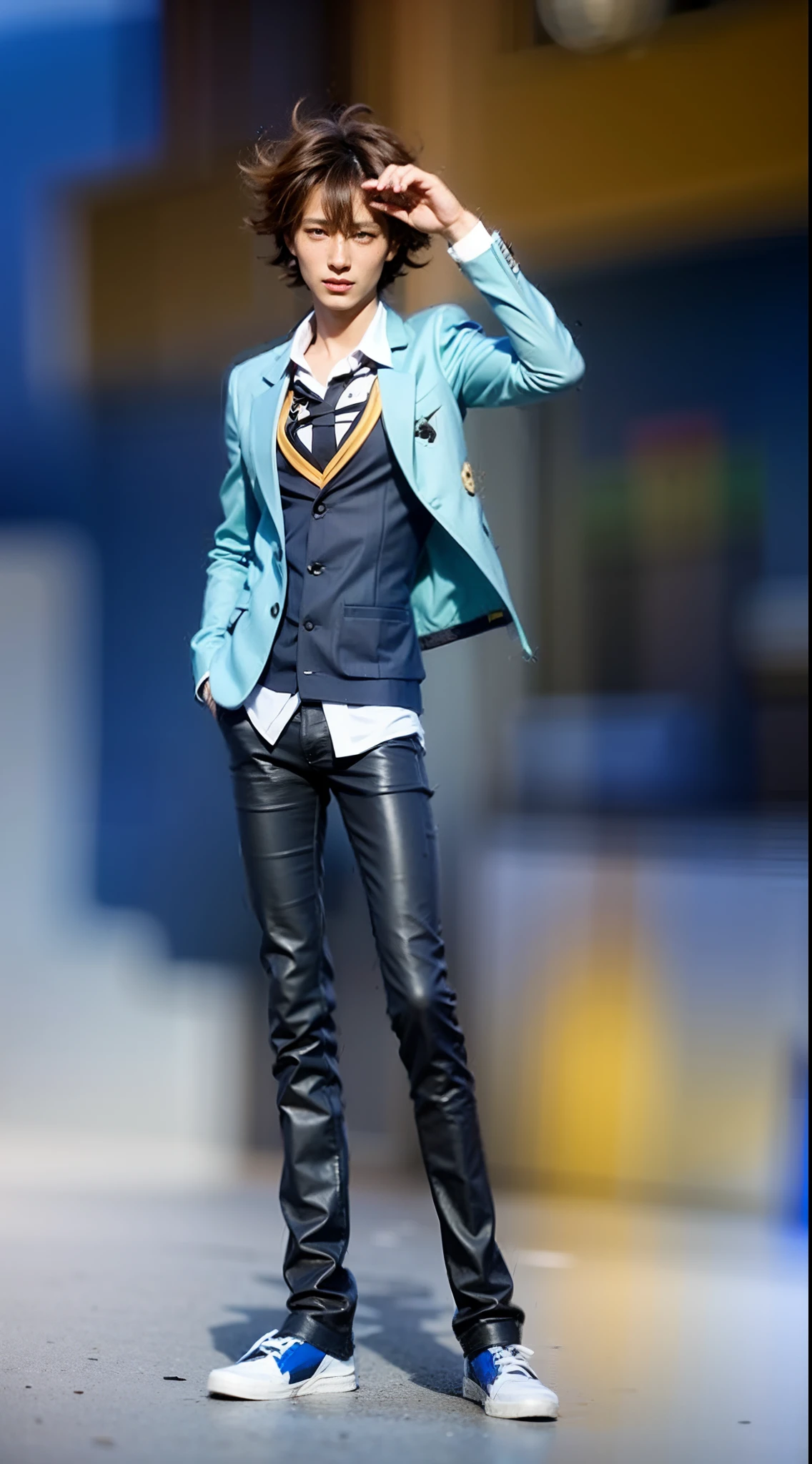 male oriental character. brown hair, glasses hanging over his chest, light blue open shirt. blue vest, black jeans, white and blue shoes