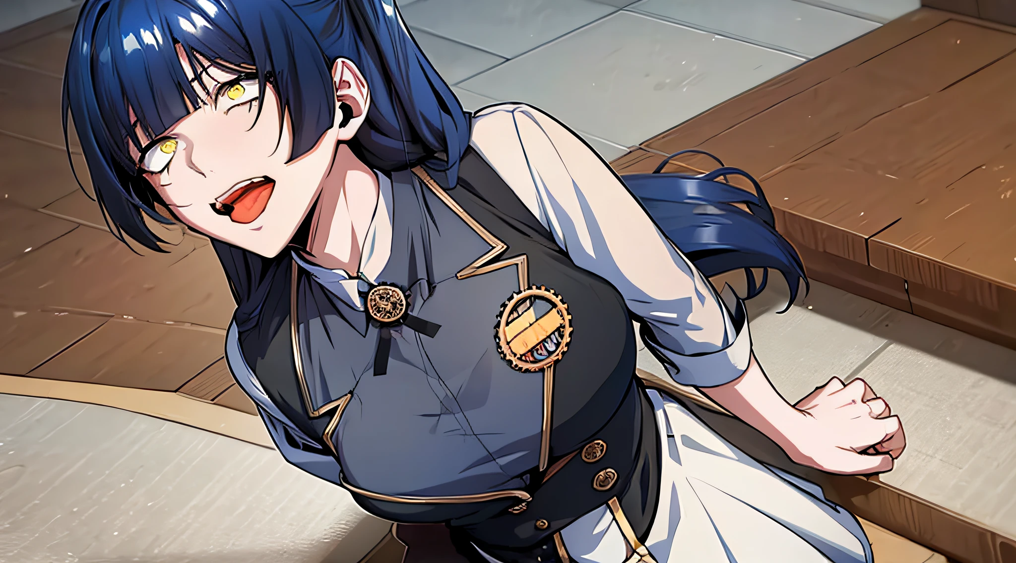 ballgag,scared expression
open mouth
,blue hair, yellow eyes, twintails